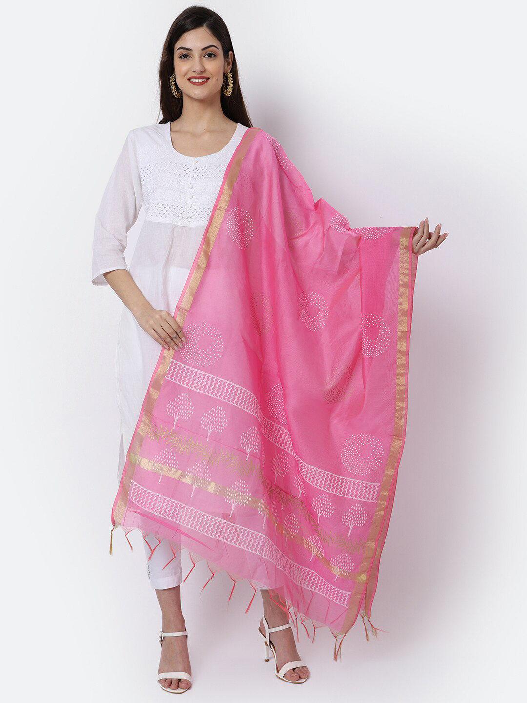 

LOOM LEGACY Pink & White Ethnic Motifs Woven Design Cotton Silk Dupatta with Zari