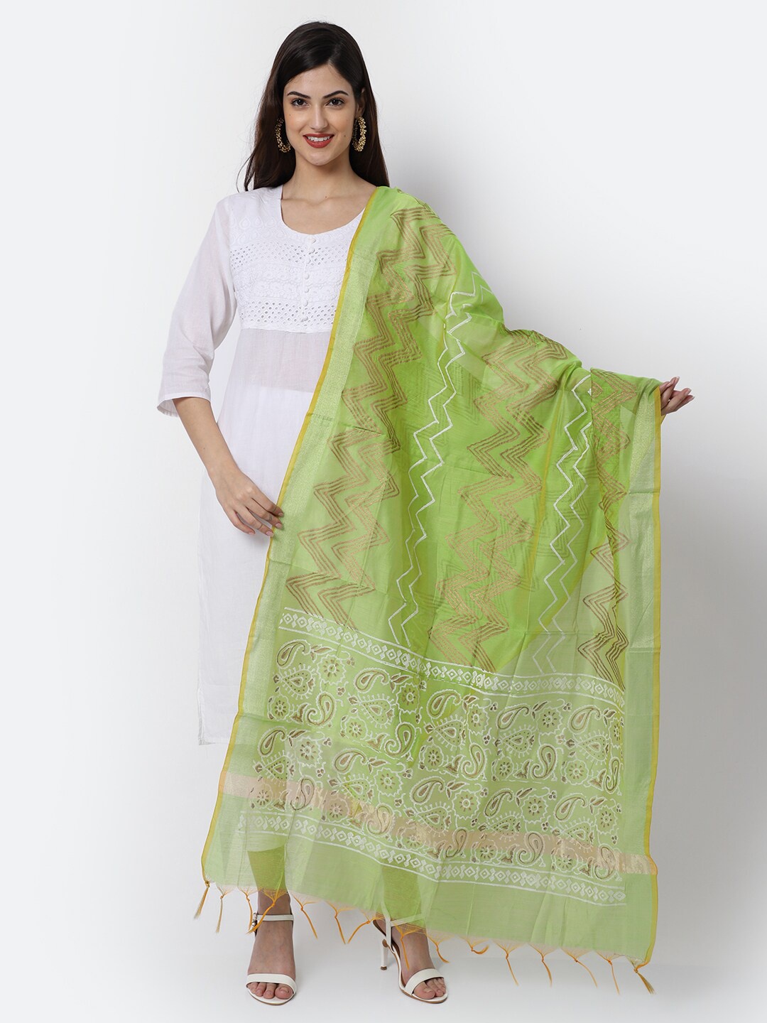 

LOOM LEGACY Green & White Woven Design Cotton Silk Dupatta with Zari