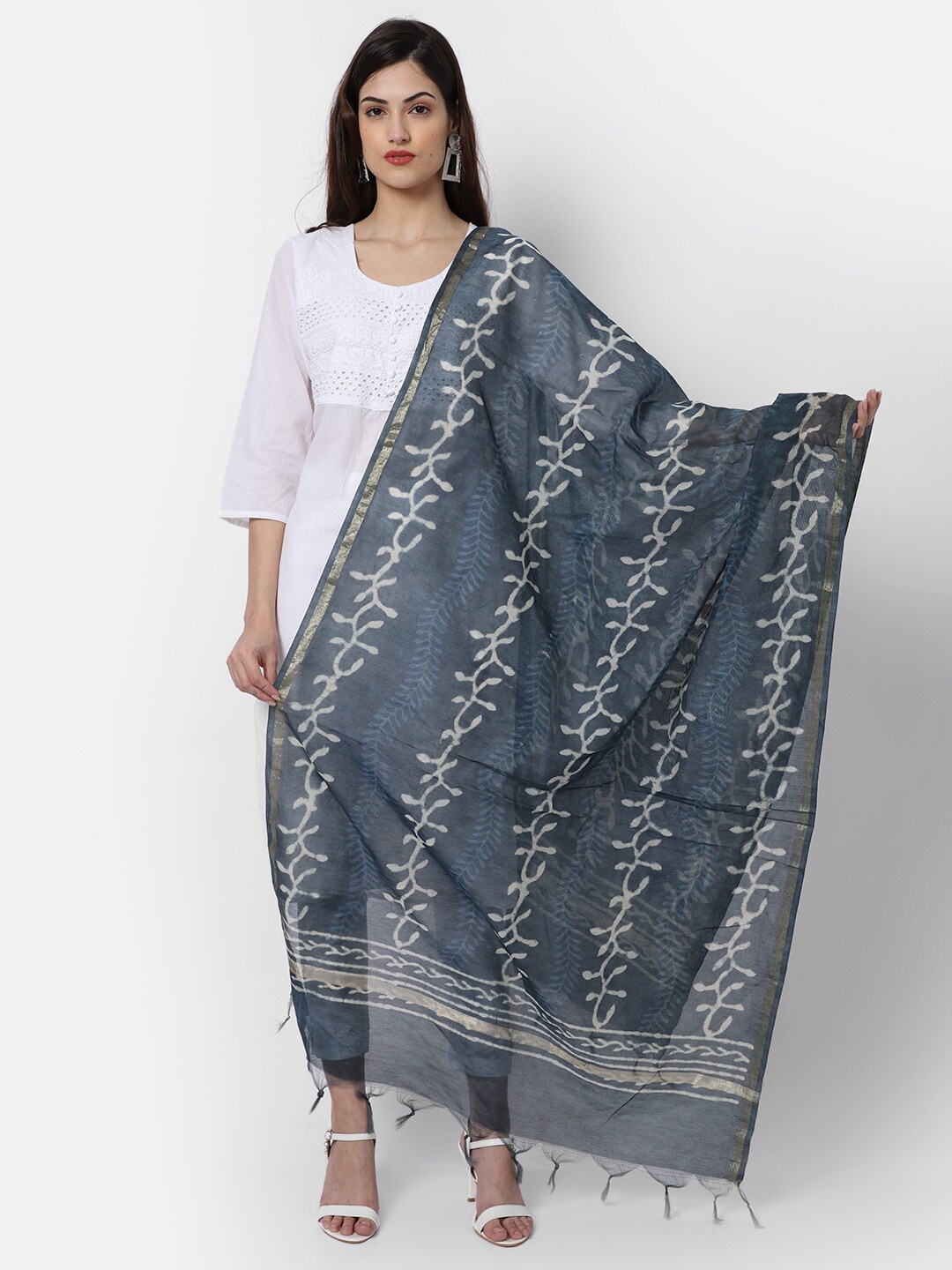 

LOOM LEGACY Navy Blue & White Woven Design Cotton Silk Dupatta with Zari