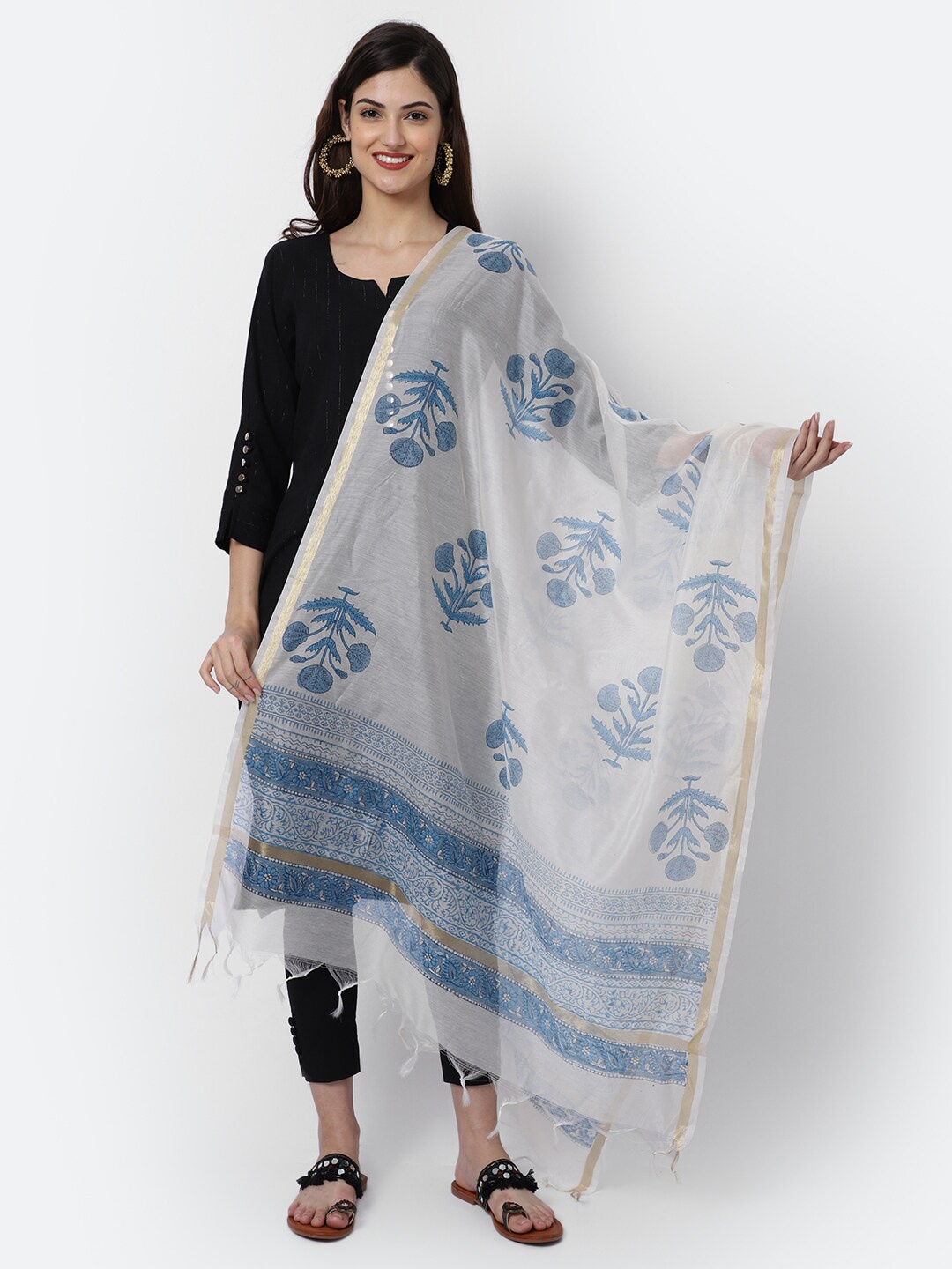 

LOOM LEGACY Off White Paisley Woven Design Cotton Silk Dupatta with Zari