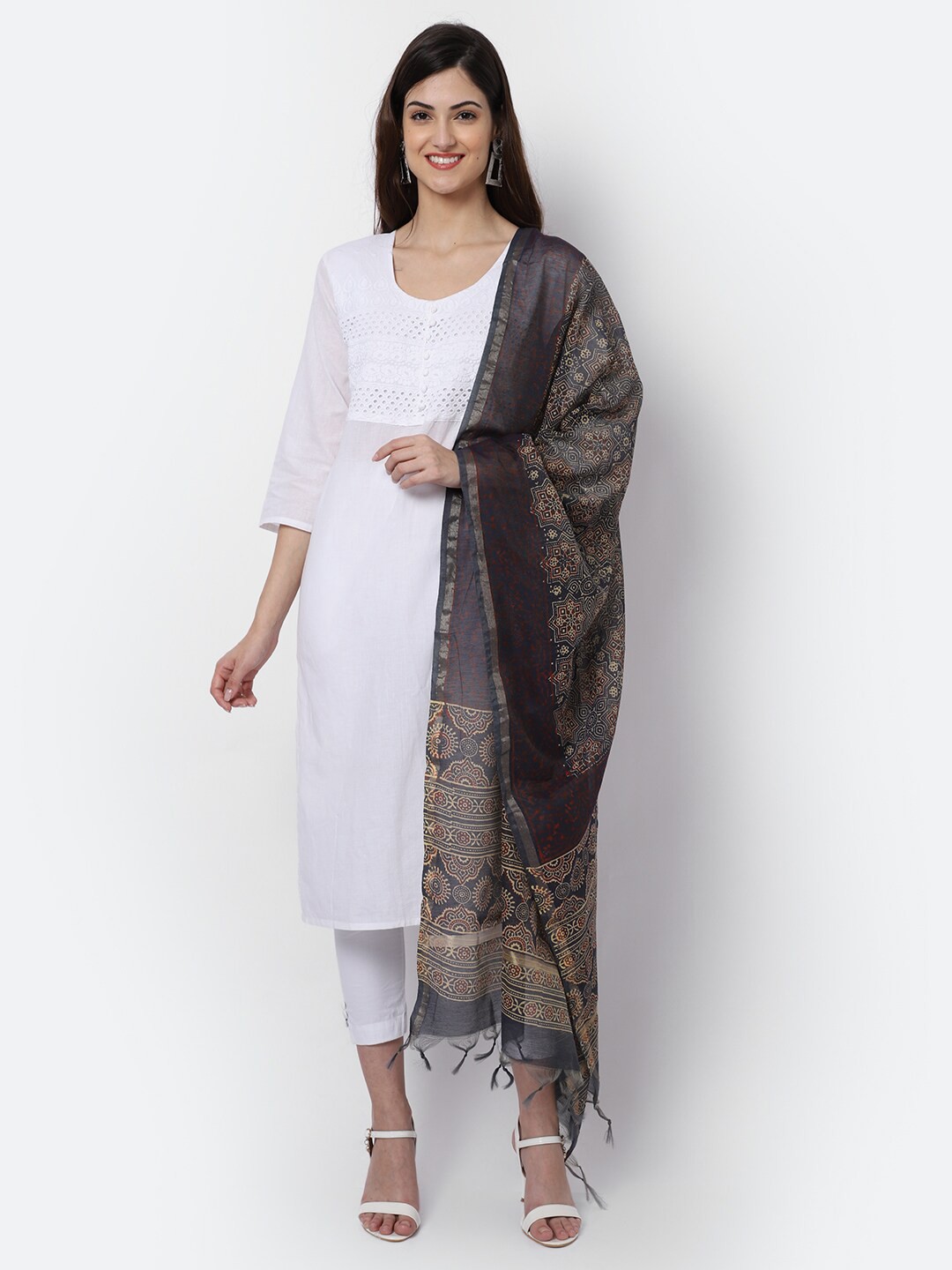 

LOOM LEGACY Black Woven Design Cotton Silk Dupatta with Zari