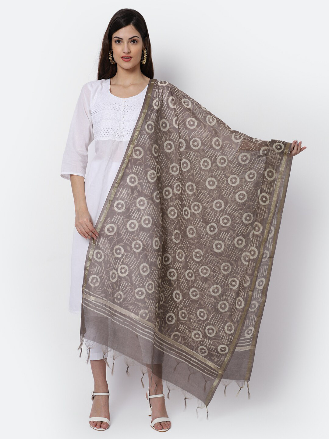 

LOOM LEGACY Grey & Gold-Toned Ethnic Motifs Woven Design Cotton Silk Dupatta with Zari