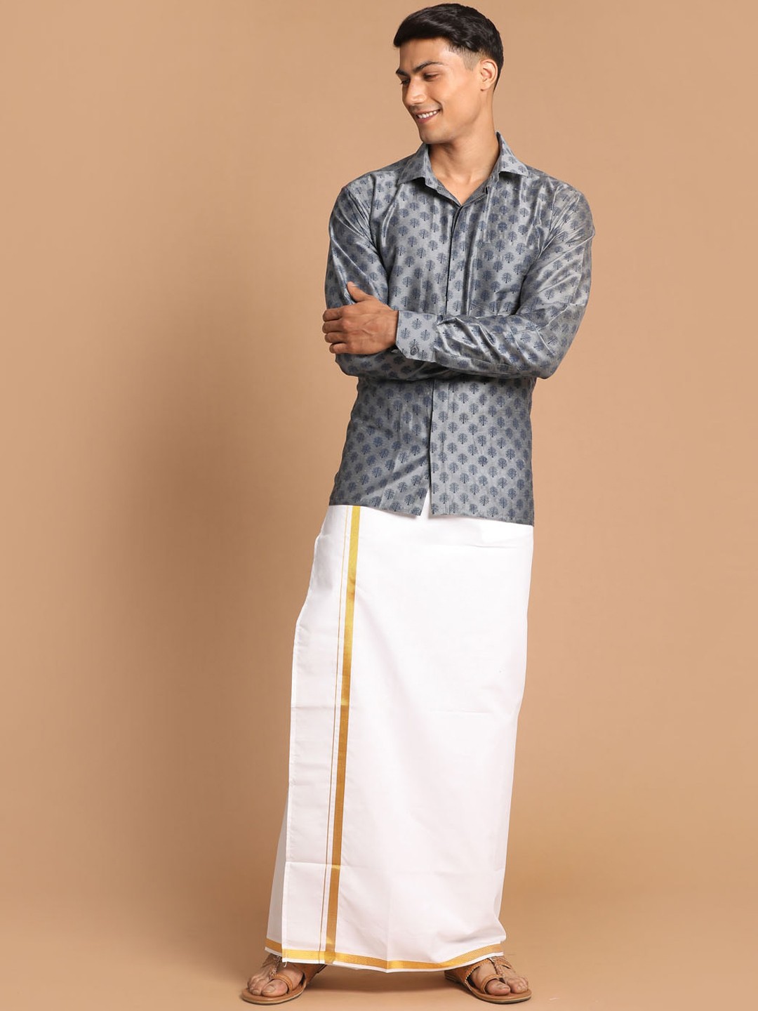 

VASTRAMAY Men Grey & White Printed Shirt with Dhoti Pants