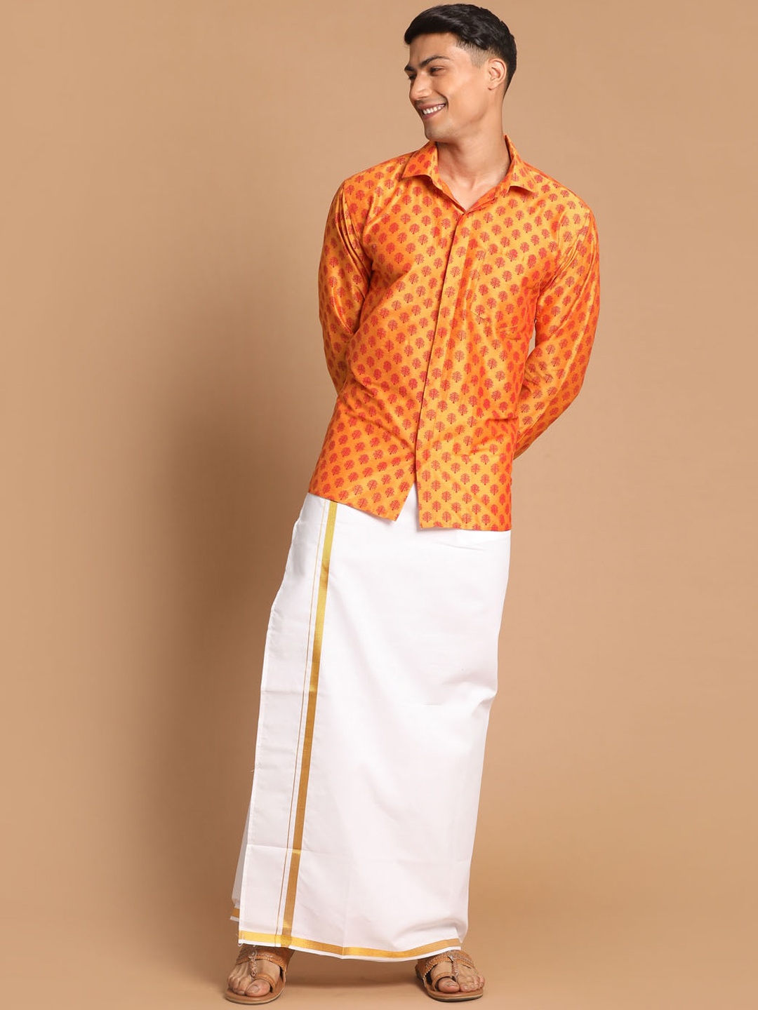 

VASTRAMAY Men White & Orange Printed Shirt & Mundu Set