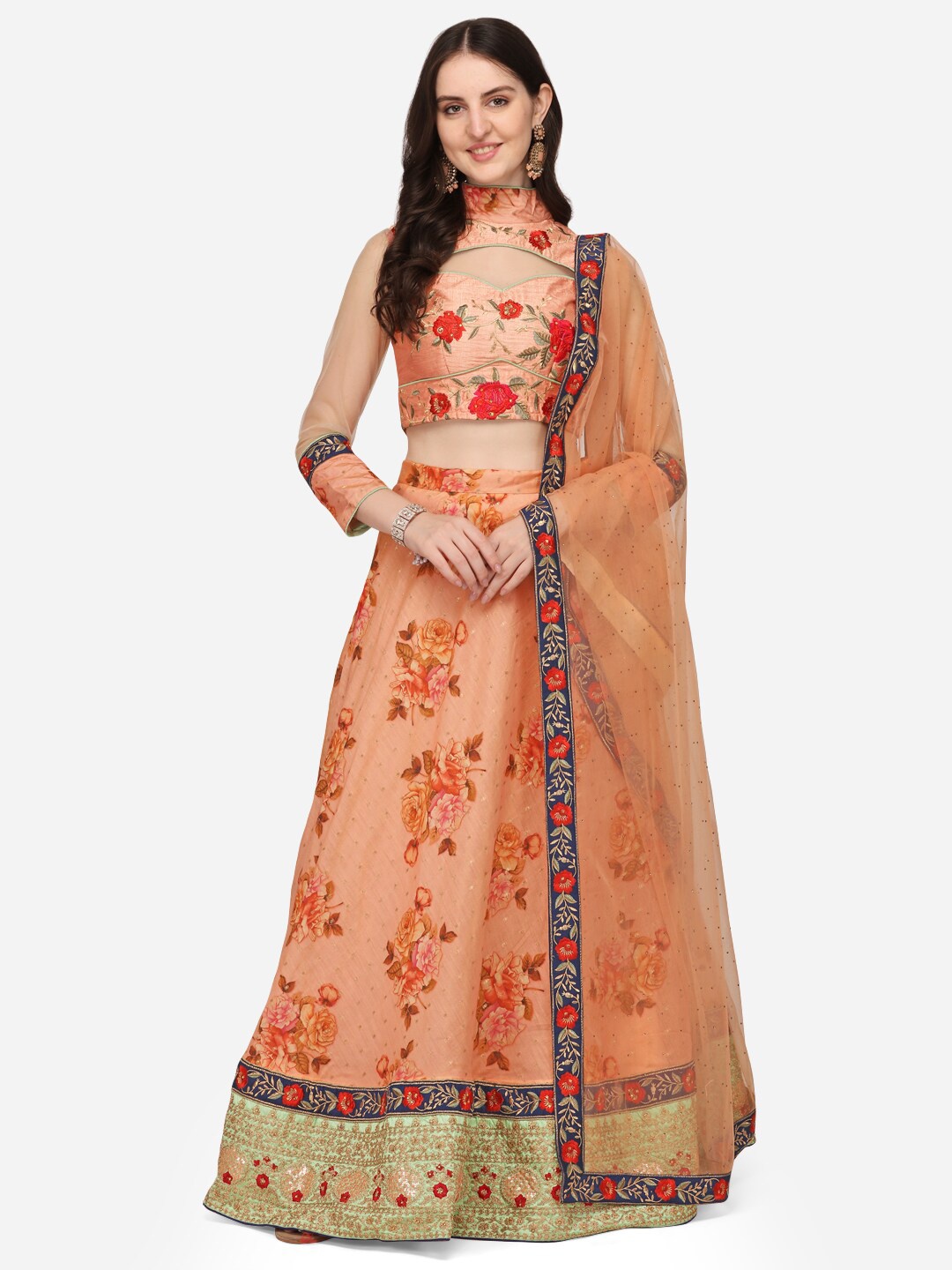 

SAPTRANGI Peach-Coloured & Green Embroidered Semi-Stitched Lehenga & Unstitched Blouse With Dupatta