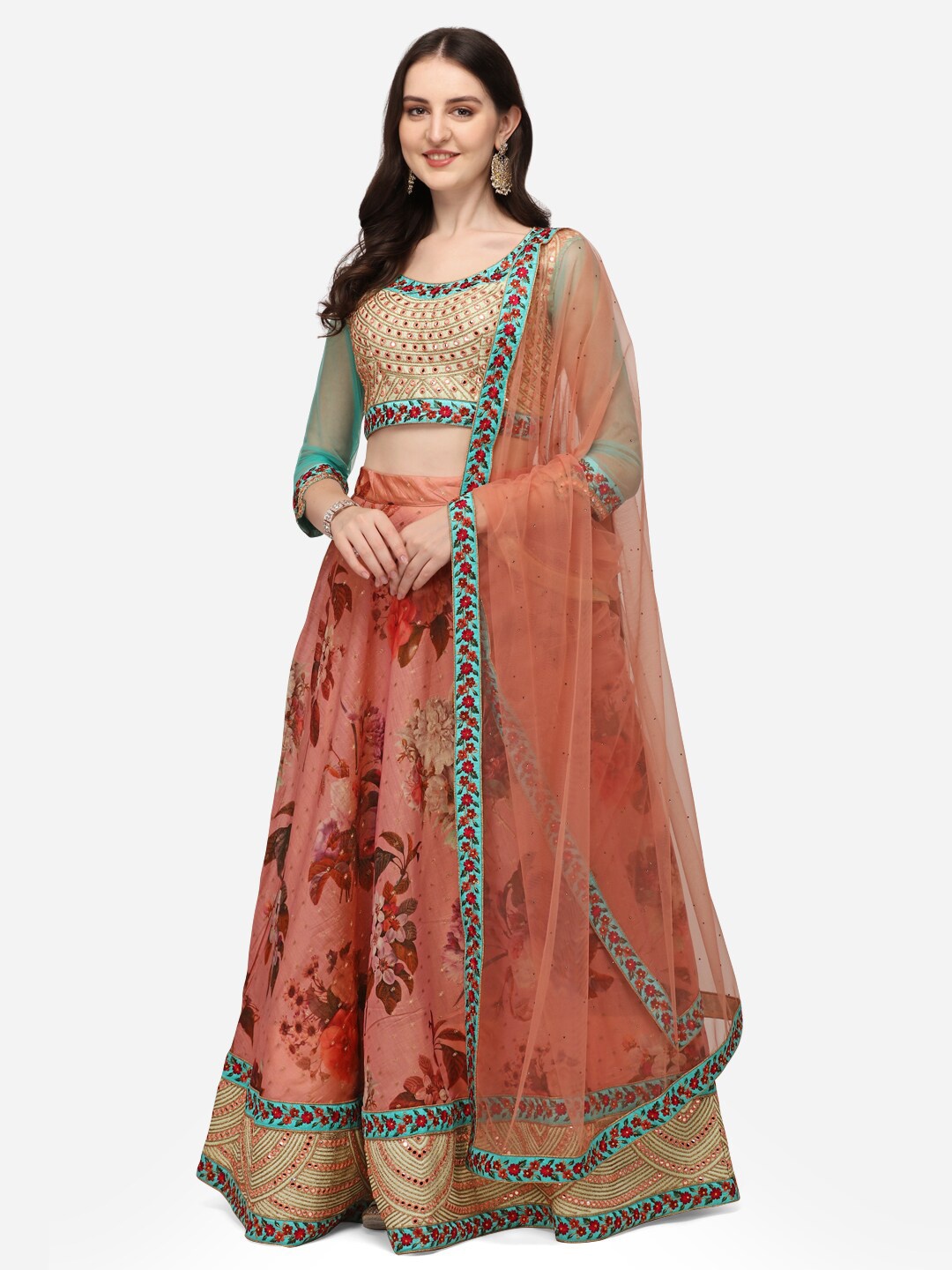 

SAPTRANGI Green & Orange Embroidered Semi-Stitched Lehenga & Unstitched Blouse With Dupatta