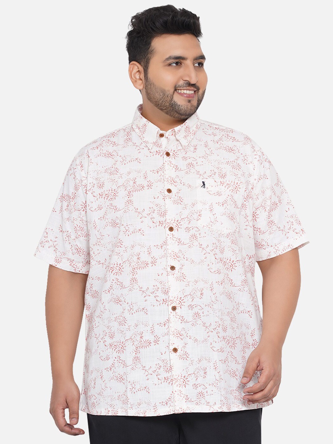 

Santonio Plus Size Men White Classic Floral Printed Cotton Casual Shirt