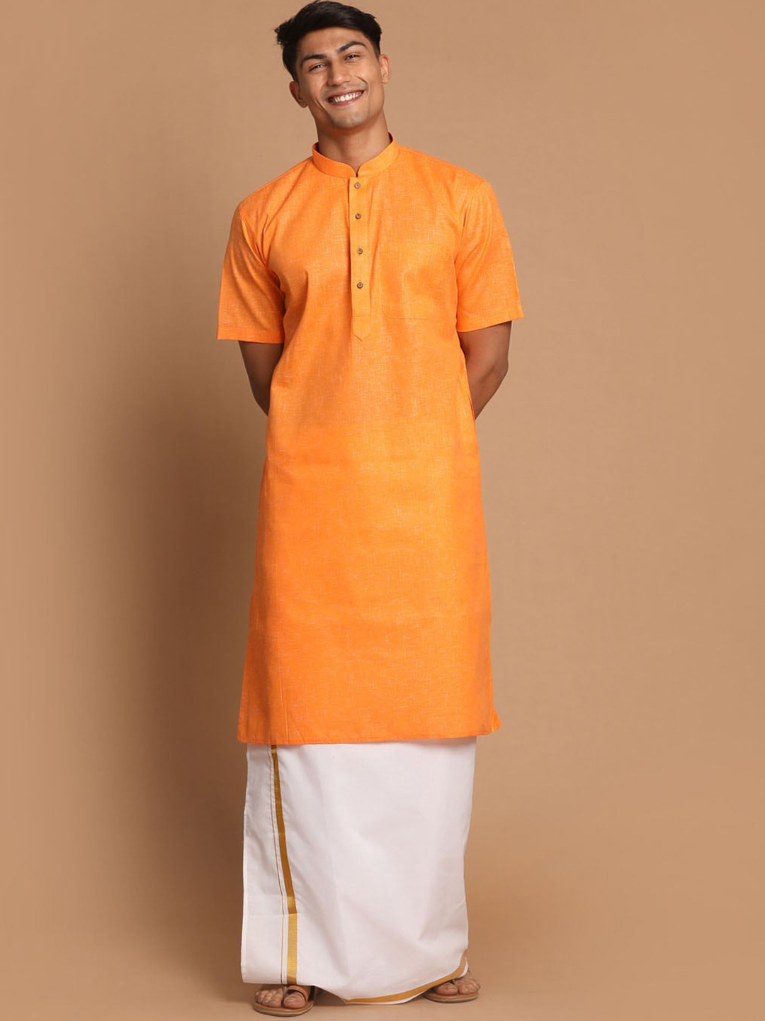 

VASTRAMAY Men Orange And White Cotton Blend Kurta And Mundu Set