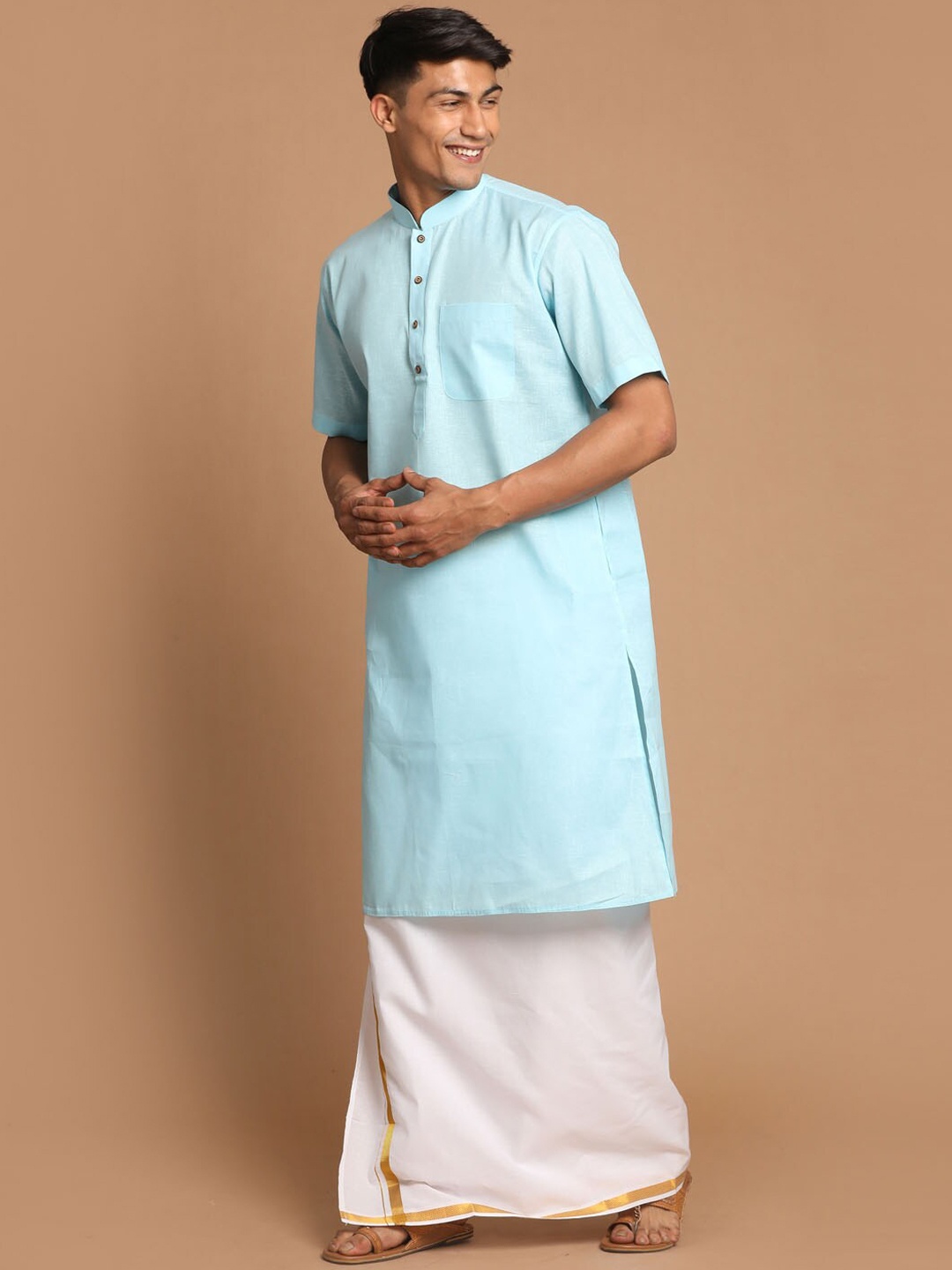 

VASTRAMAY Men Blue And White Kurta And Mundu Set