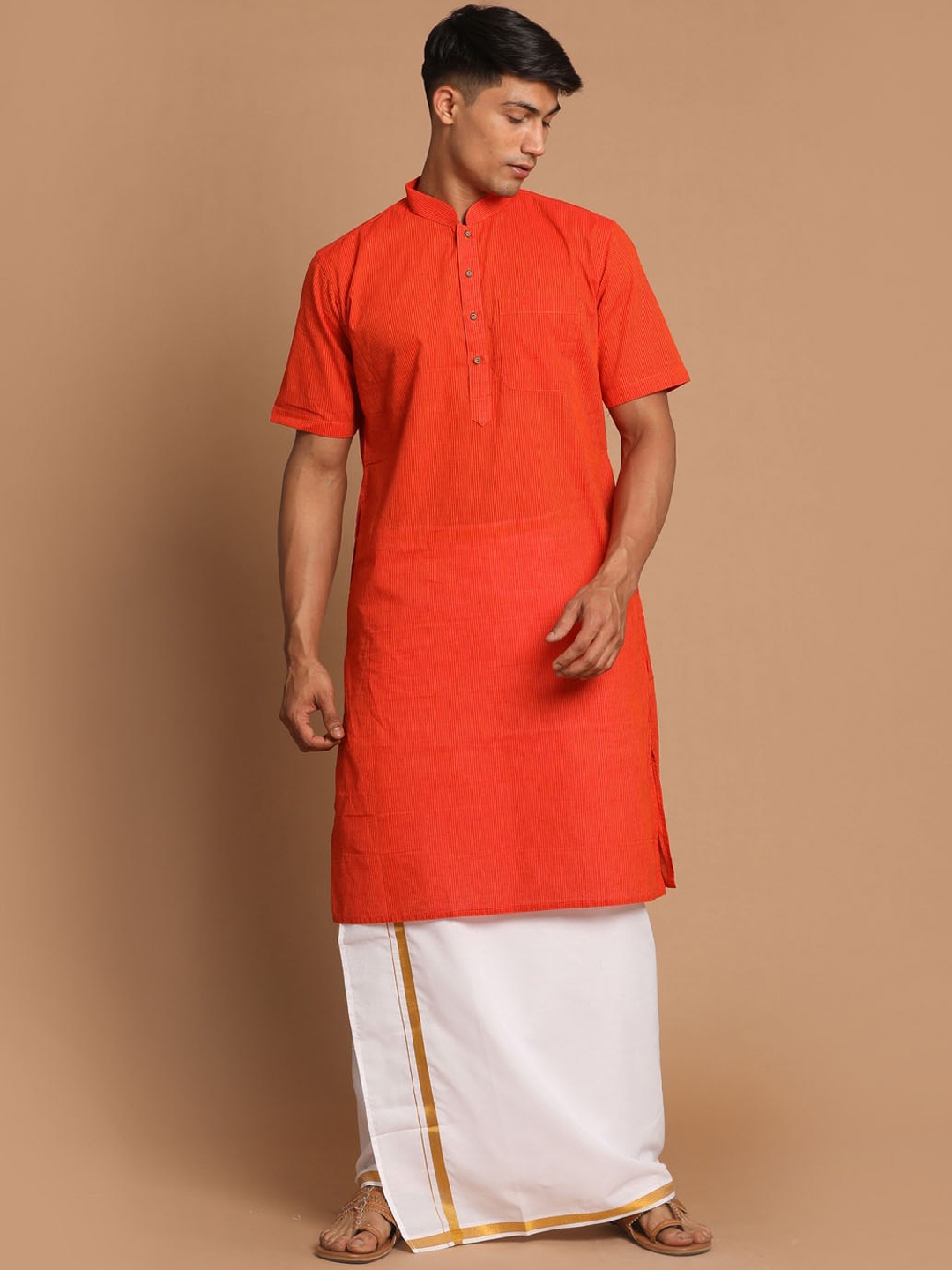 

VASTRAMAY Men Orange & White Pure Cotton Kurta