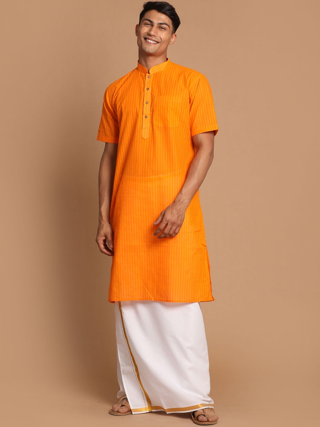 

VASTRAMAY Men Orange Striped Pure Cotton Kurta