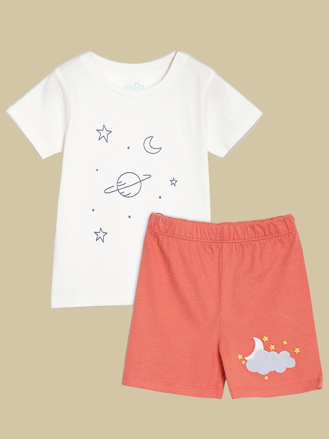 

Broon Boys White and Orange Printed Organic Cotton T-Shirt with Shorts