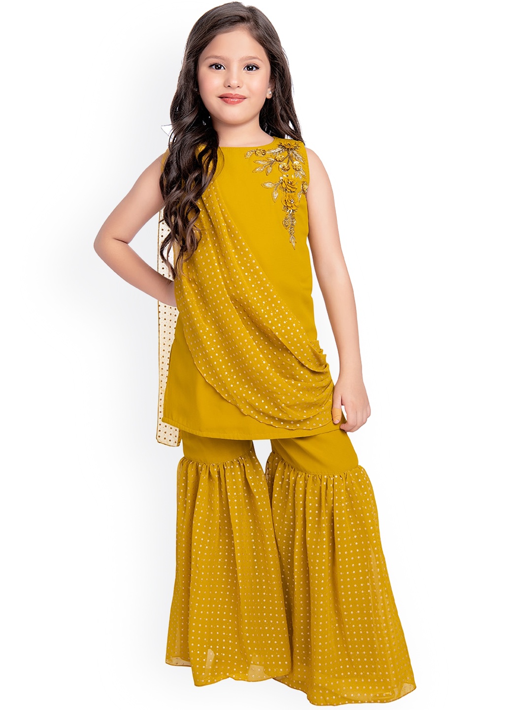 

BETTY Girls Mustard Embellished Tunic With Gharara & Dupatta