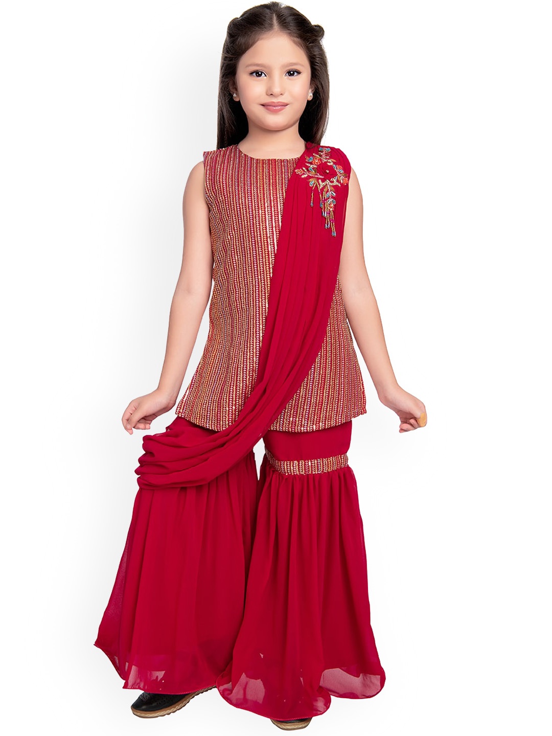 

BETTY Girls Red Striped Sequinned Kurta with Sharara & With Dupatta