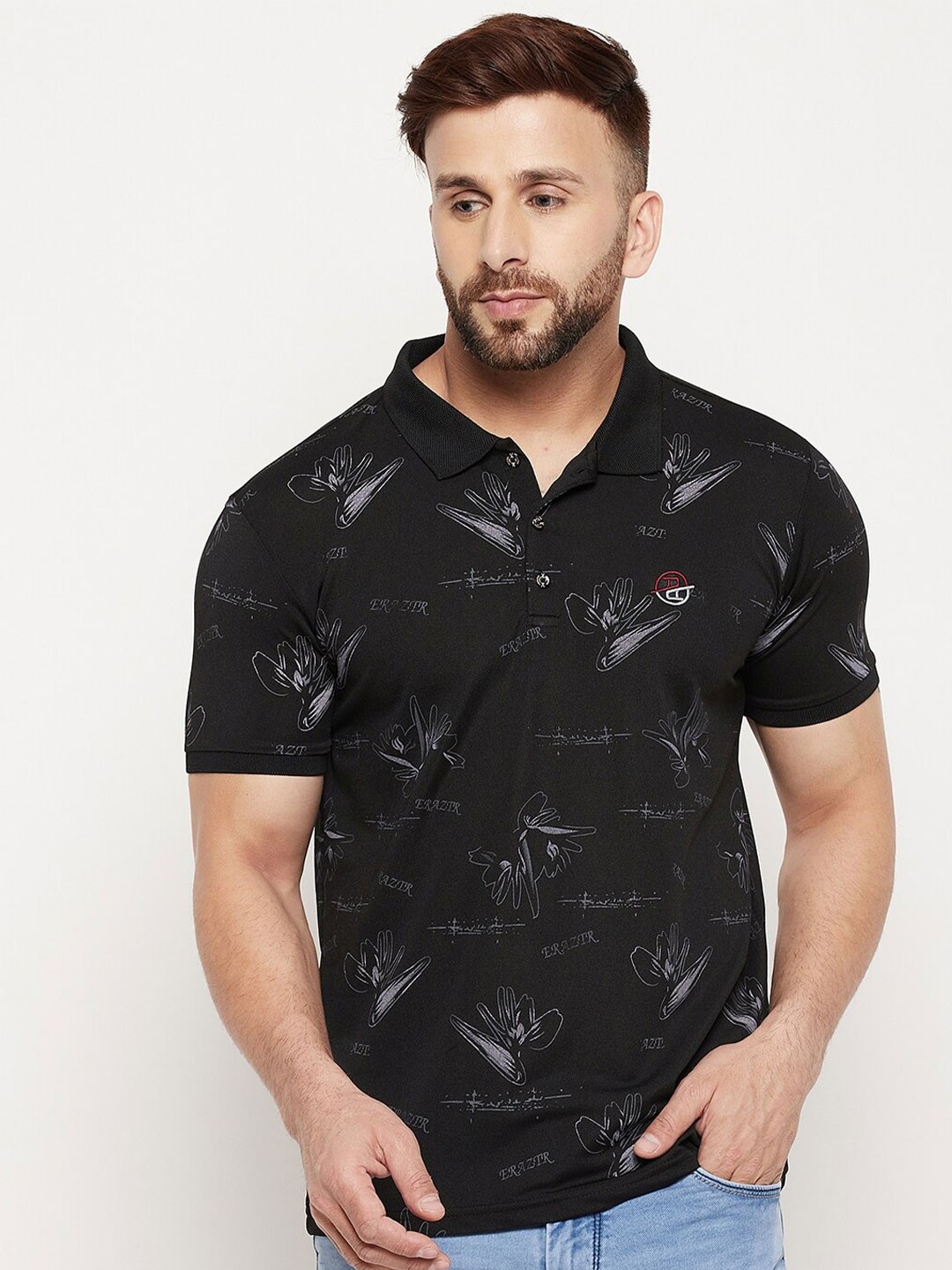 

Duke Men Black Printed Cotton Polo Collar Slim Fit T-shirt
