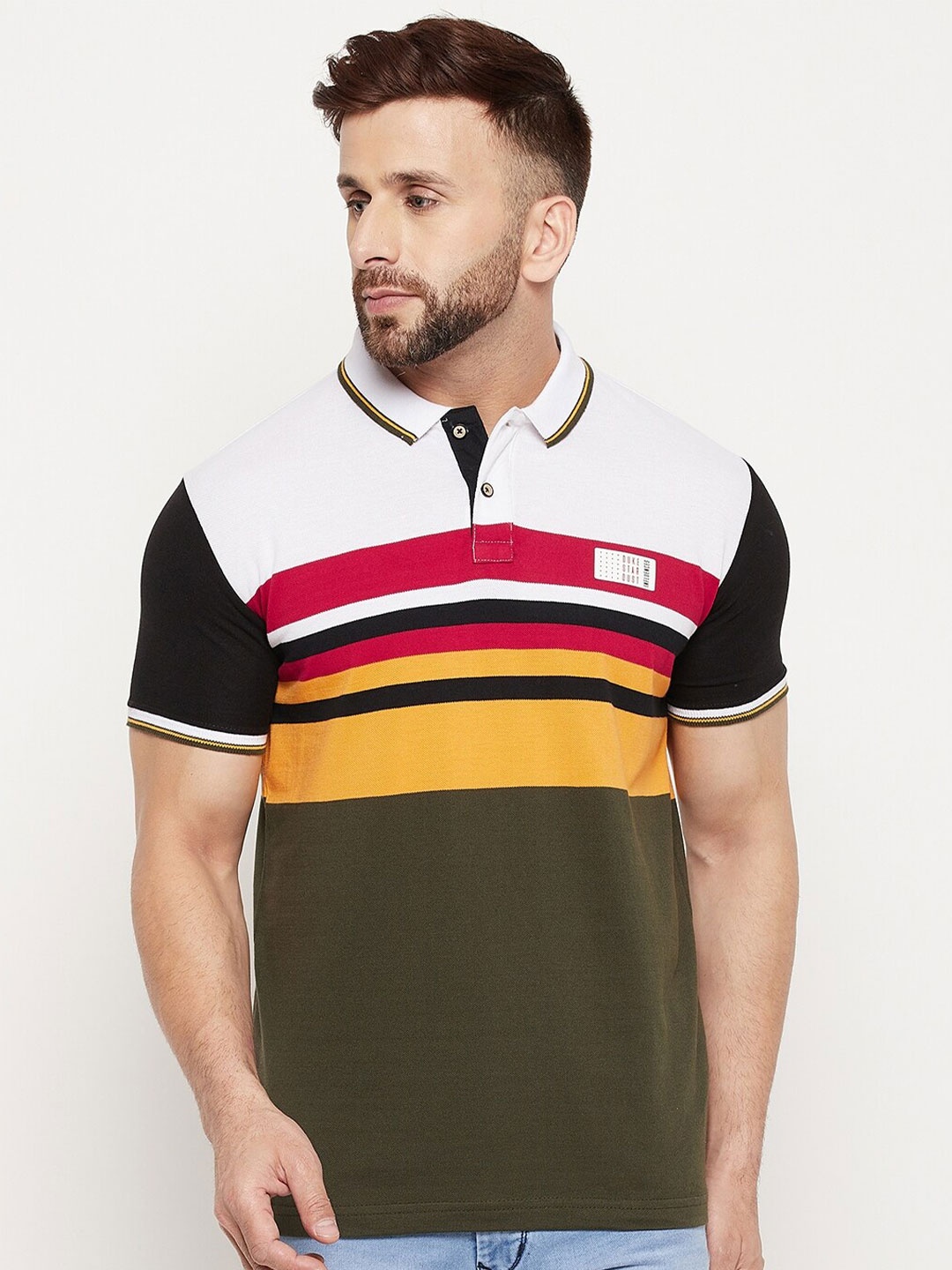 

Duke Men Olive Green & White Striped Polo Collar Slim Fit T-shirt