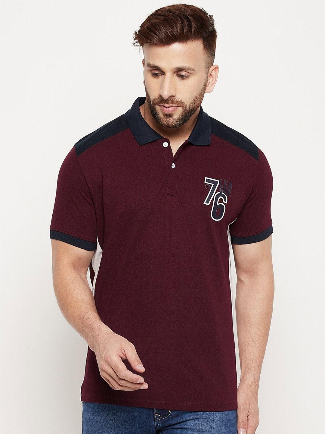 

Duke Men Maroon Typography Printed Polo Collar Slim Fit T-shirt