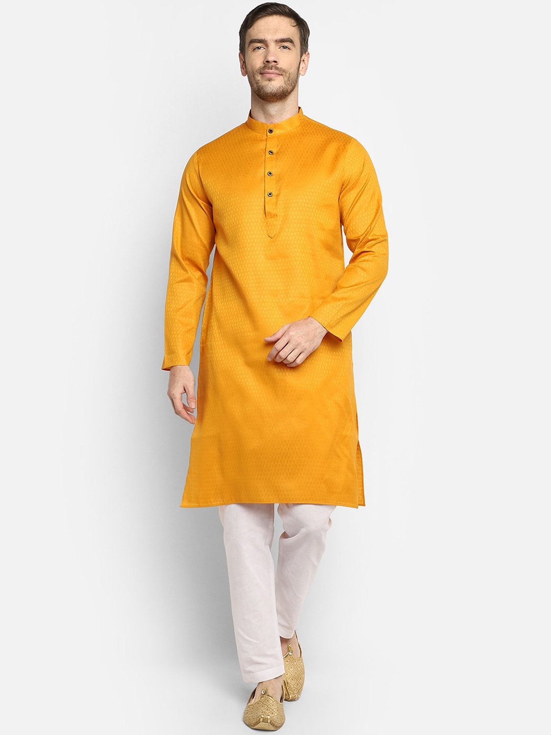 

DEVOILER Men's Self Design Mustard Yellow Solid Cotton Kurta