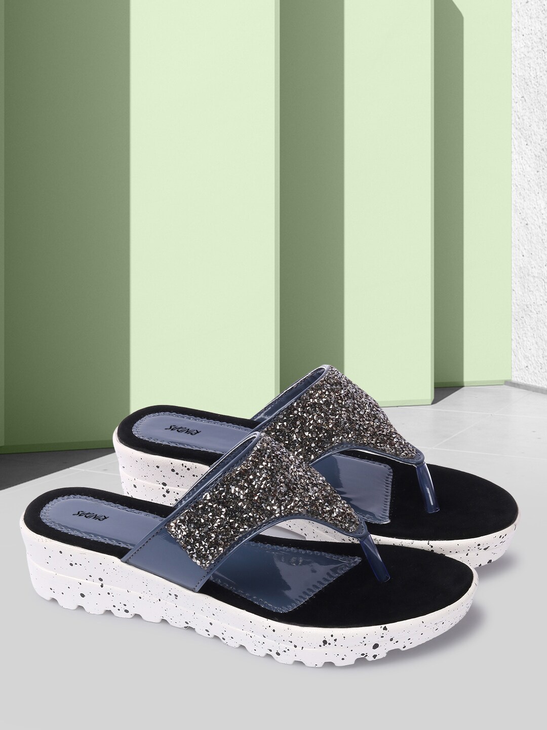 

RINDAS Women Blue Embellished Party Wedge Sandals