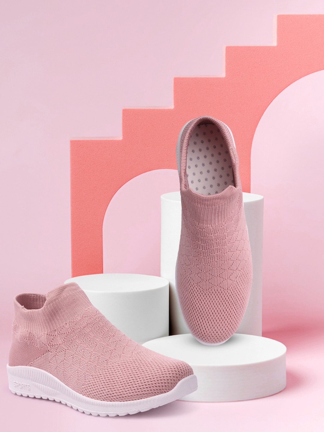 

RINDAS Women Synthetic Peach-Coloured Woven Design Slip-On Sneakers