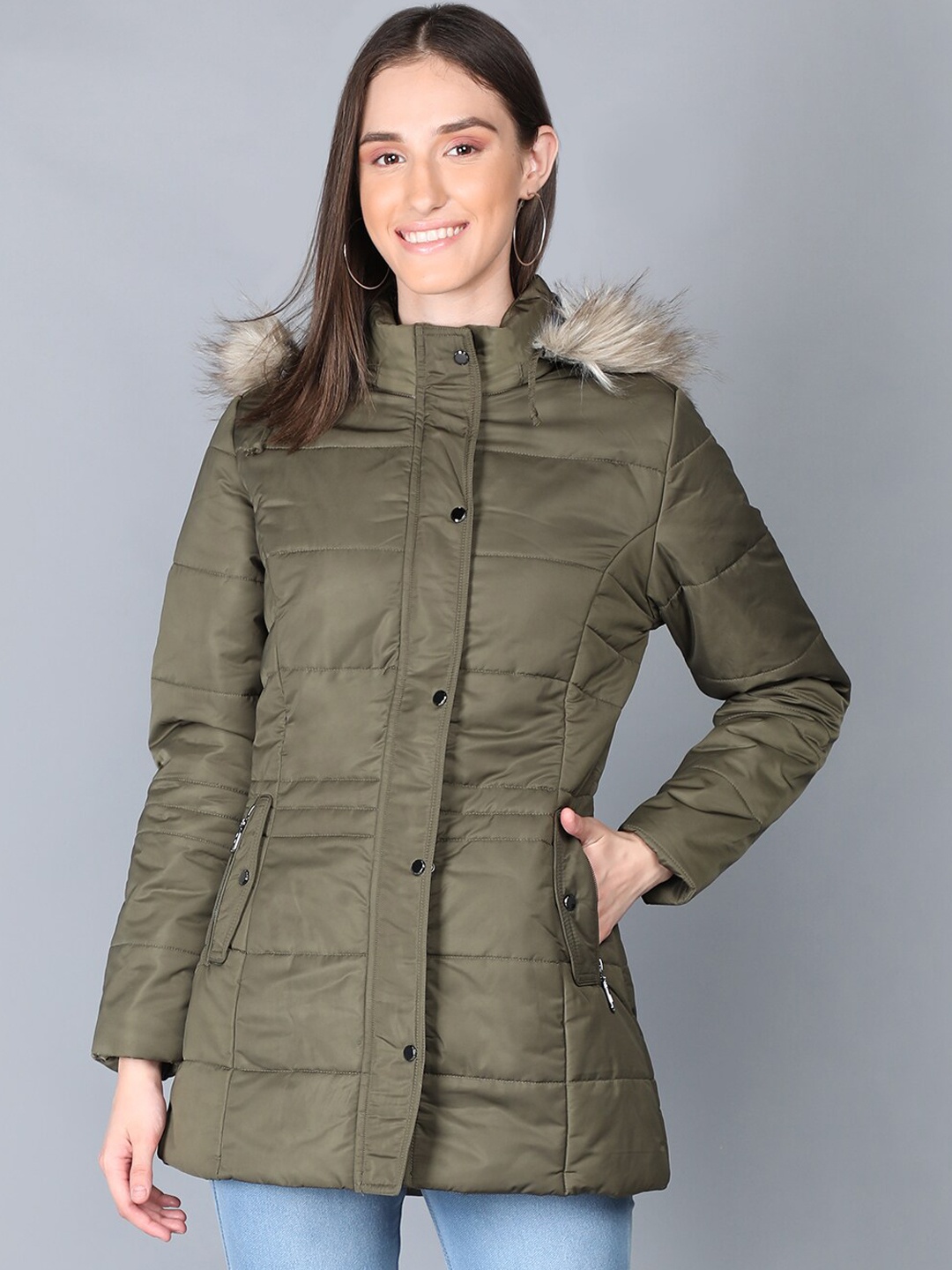 

LURE URBAN Women Olive Green Camouflage Striped Longline Parka Jacket