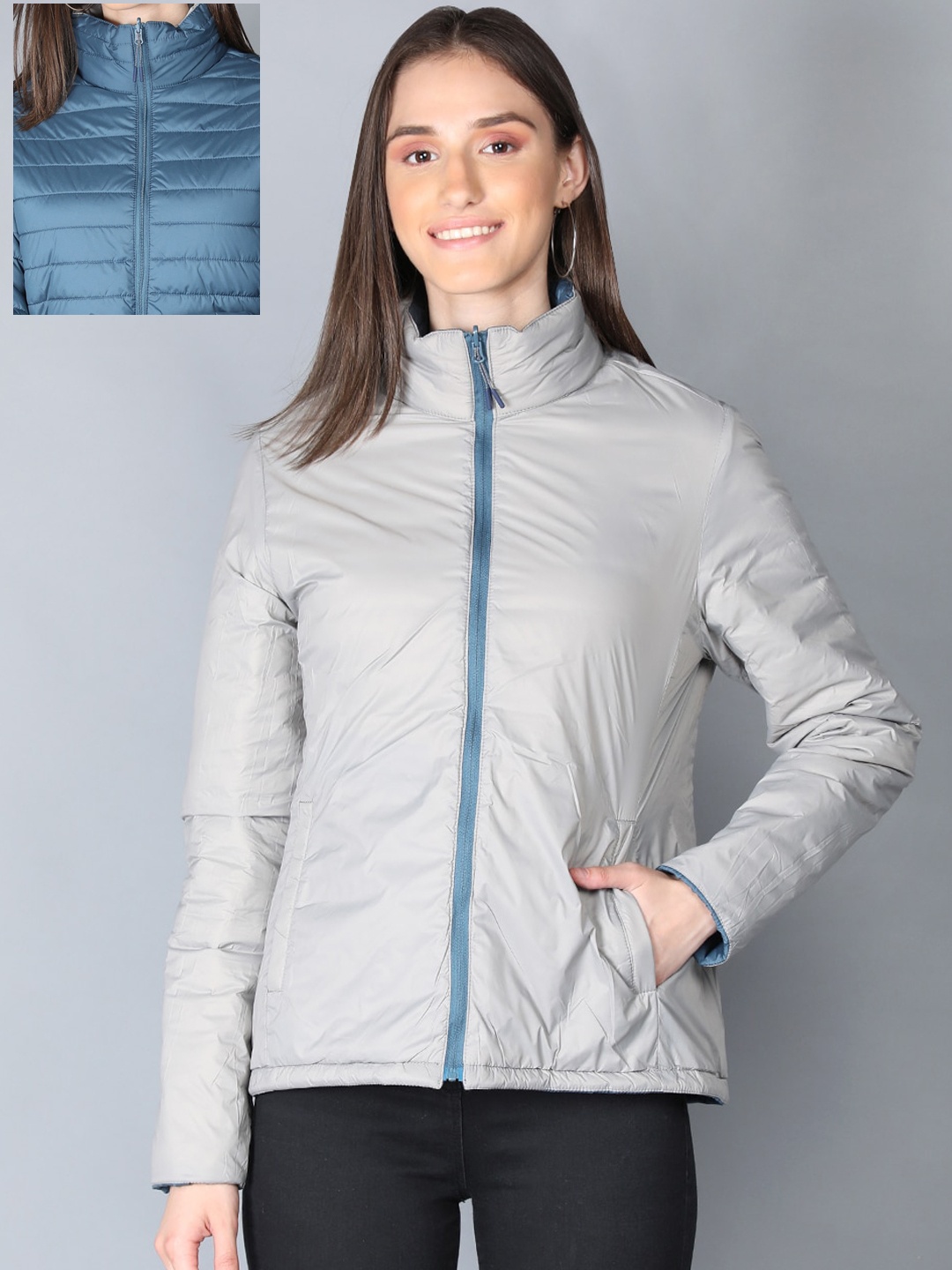 

LURE URBAN Women Teal Beige Reversible Longline Puffer Jacket