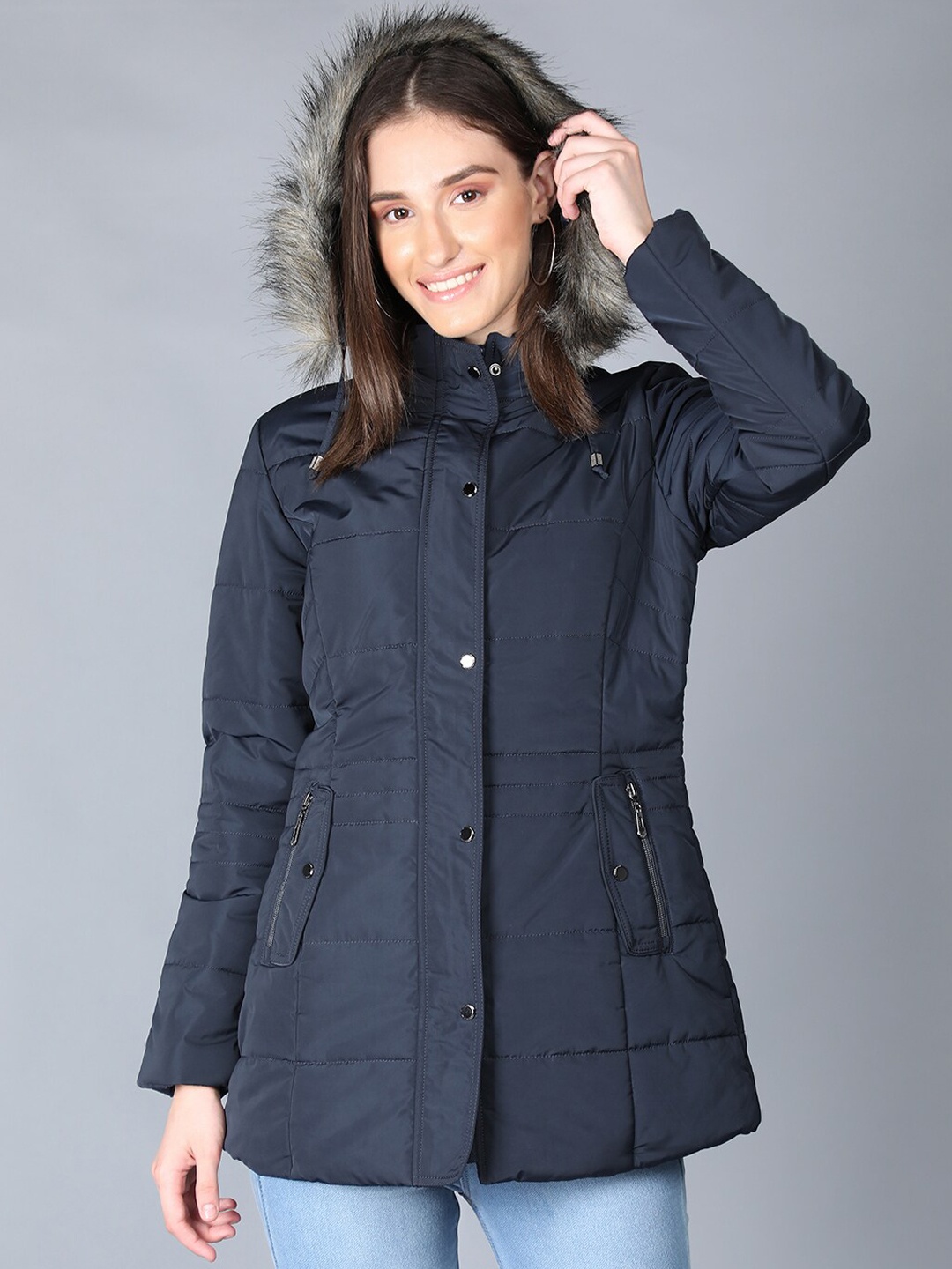 

LURE URBAN Women Navy Blue Longline Parka Jacket