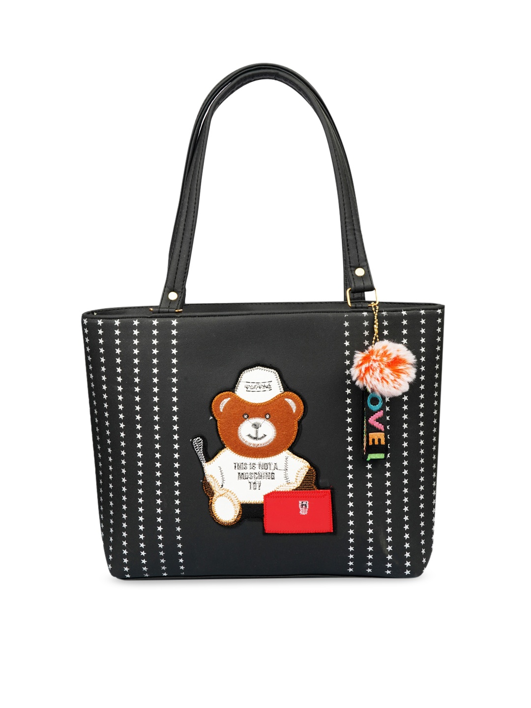 

LIKAA Black Embellished PU Structured Shoulder Bag with Applique