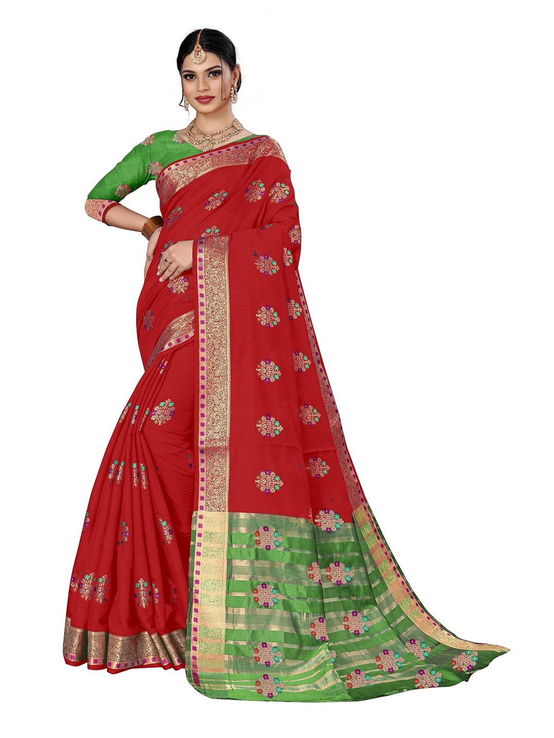 

Rivana Red & Green Woven Design Zari Pure Cotton Chanderi Saree