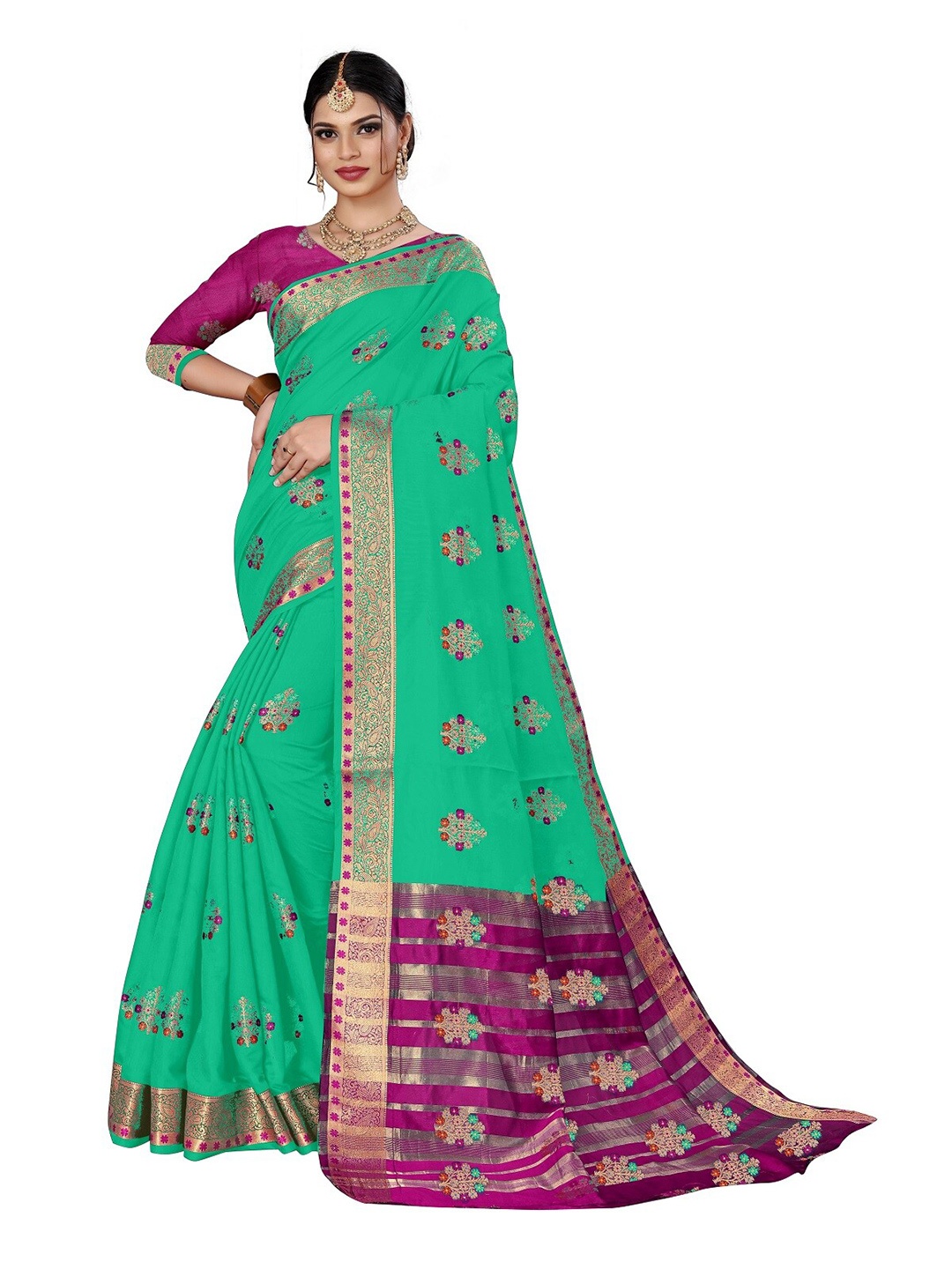 

Rivana Teal & Magenta Woven Design Zari Pure Cotton Chanderi Saree