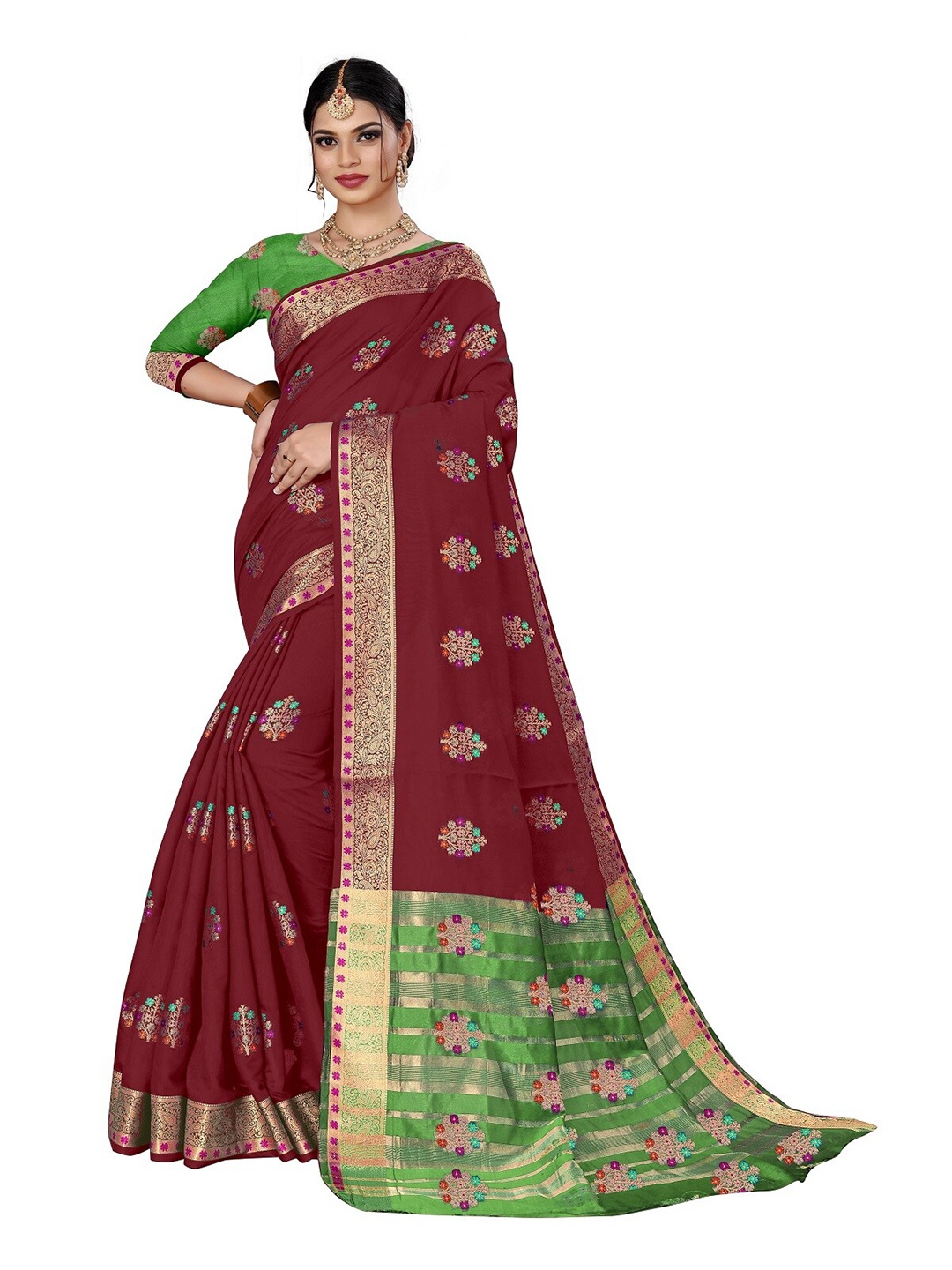

Rivana Brown & Green Woven Design Zari Pure Cotton Chanderi Saree