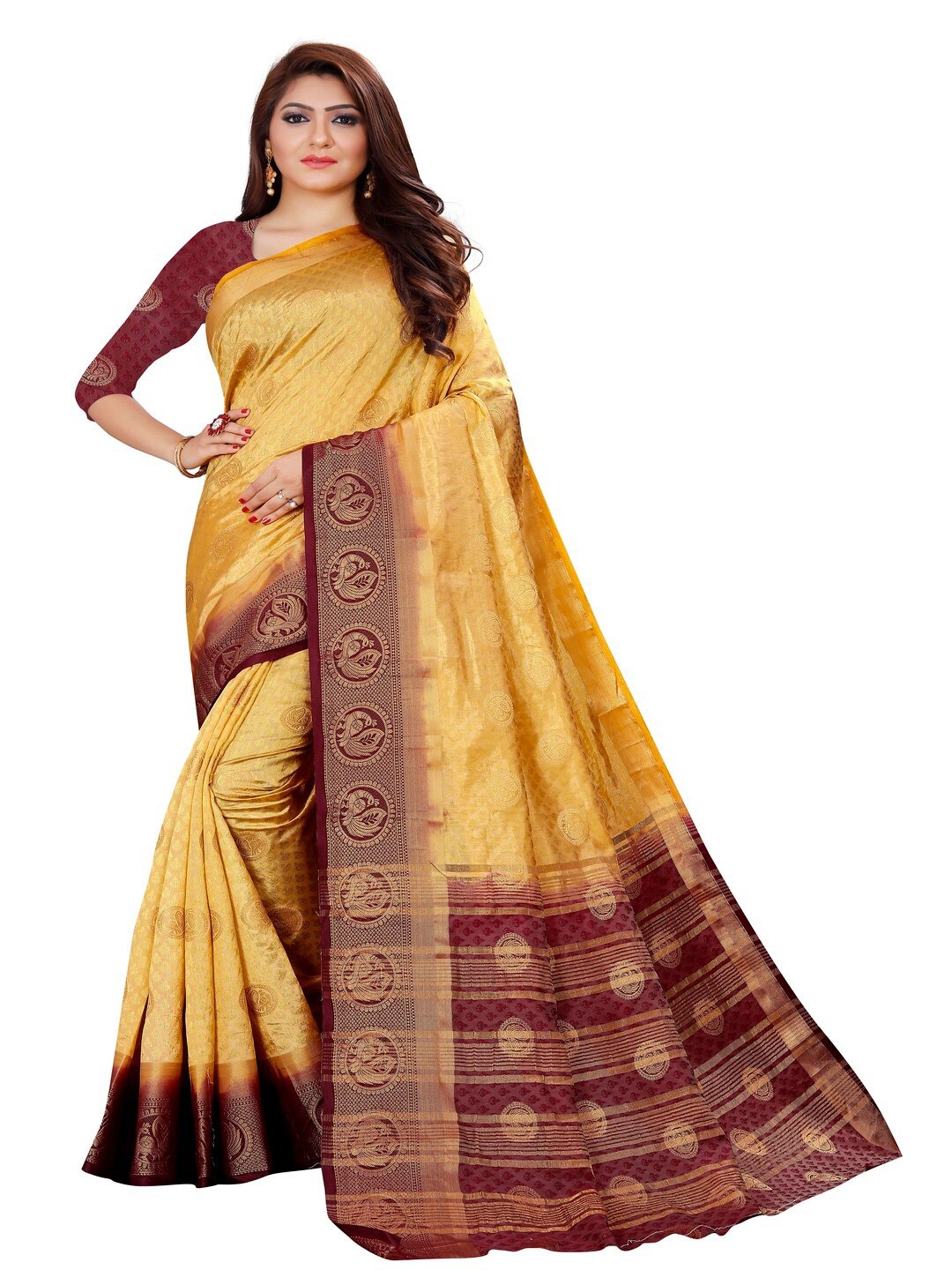 

MOKSHA DESIGNS Yellow & Maroon Woven Design Pure Silk Banarasi Saree