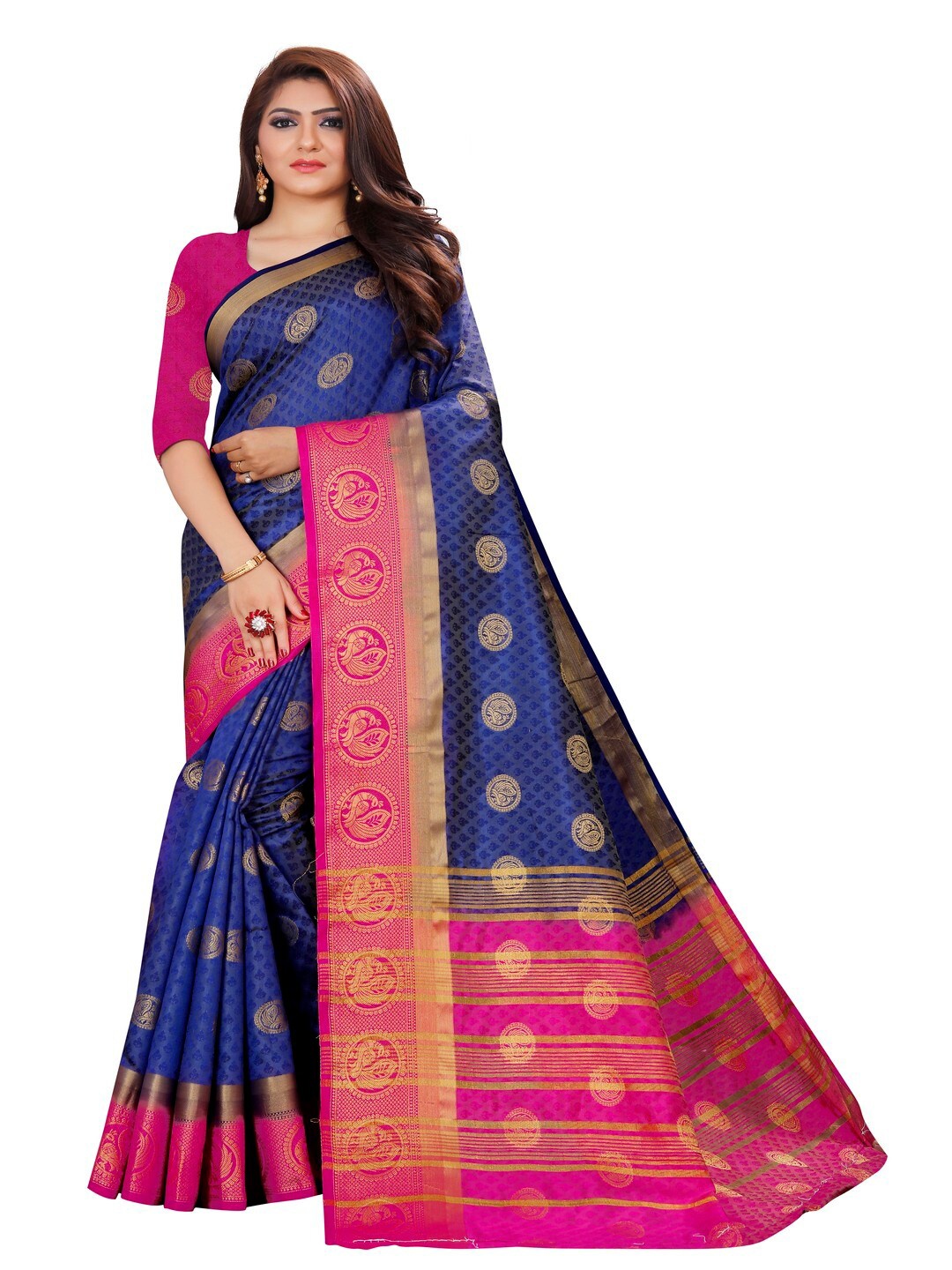 

MOKSHA DESIGNS Blue & Magenta Woven Design Zari Pure Silk Banarasi Saree