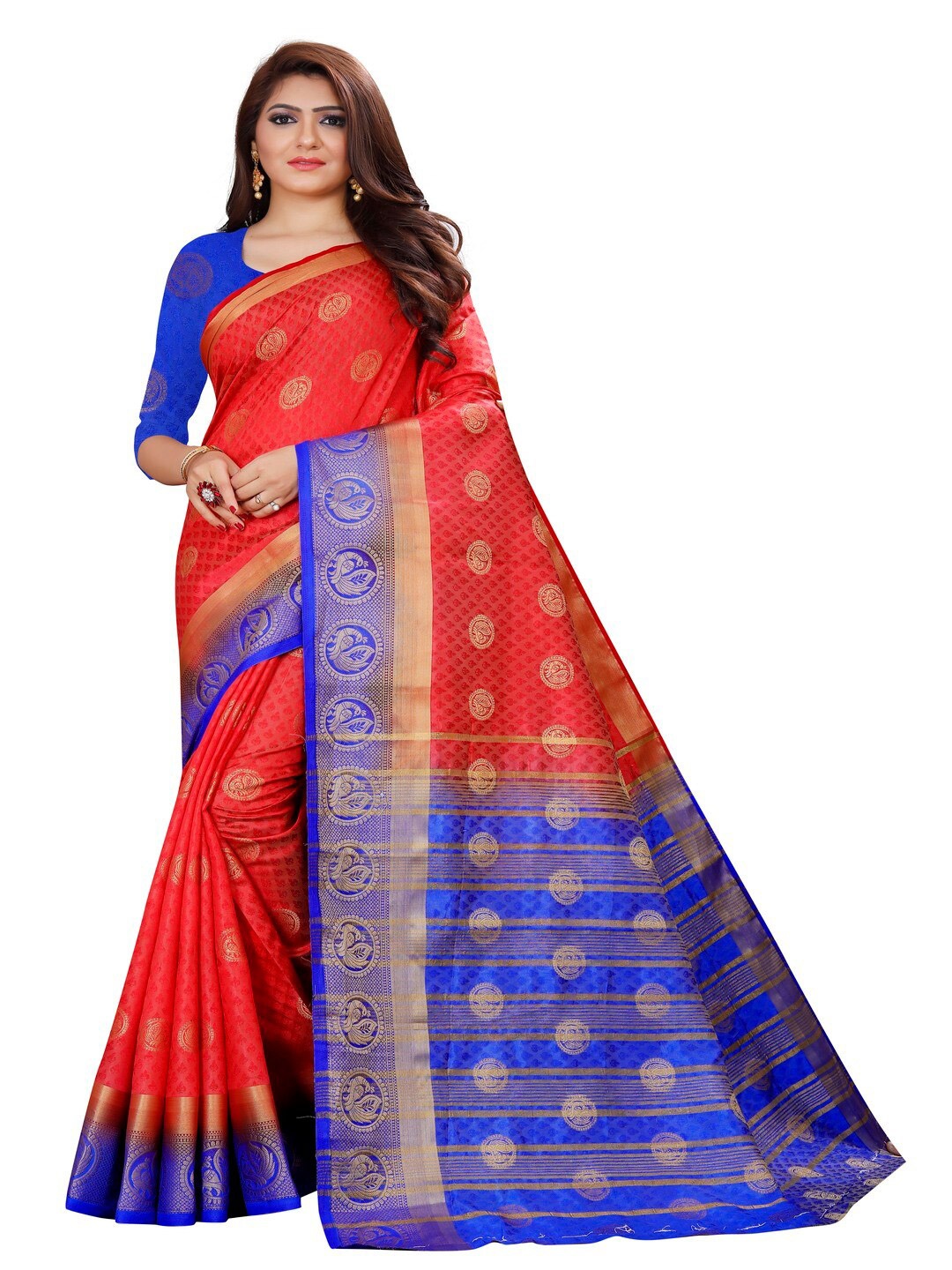 

MOKSHA DESIGNS Red & Blue Ethnic Motifs Pure Silk Banarasi Saree