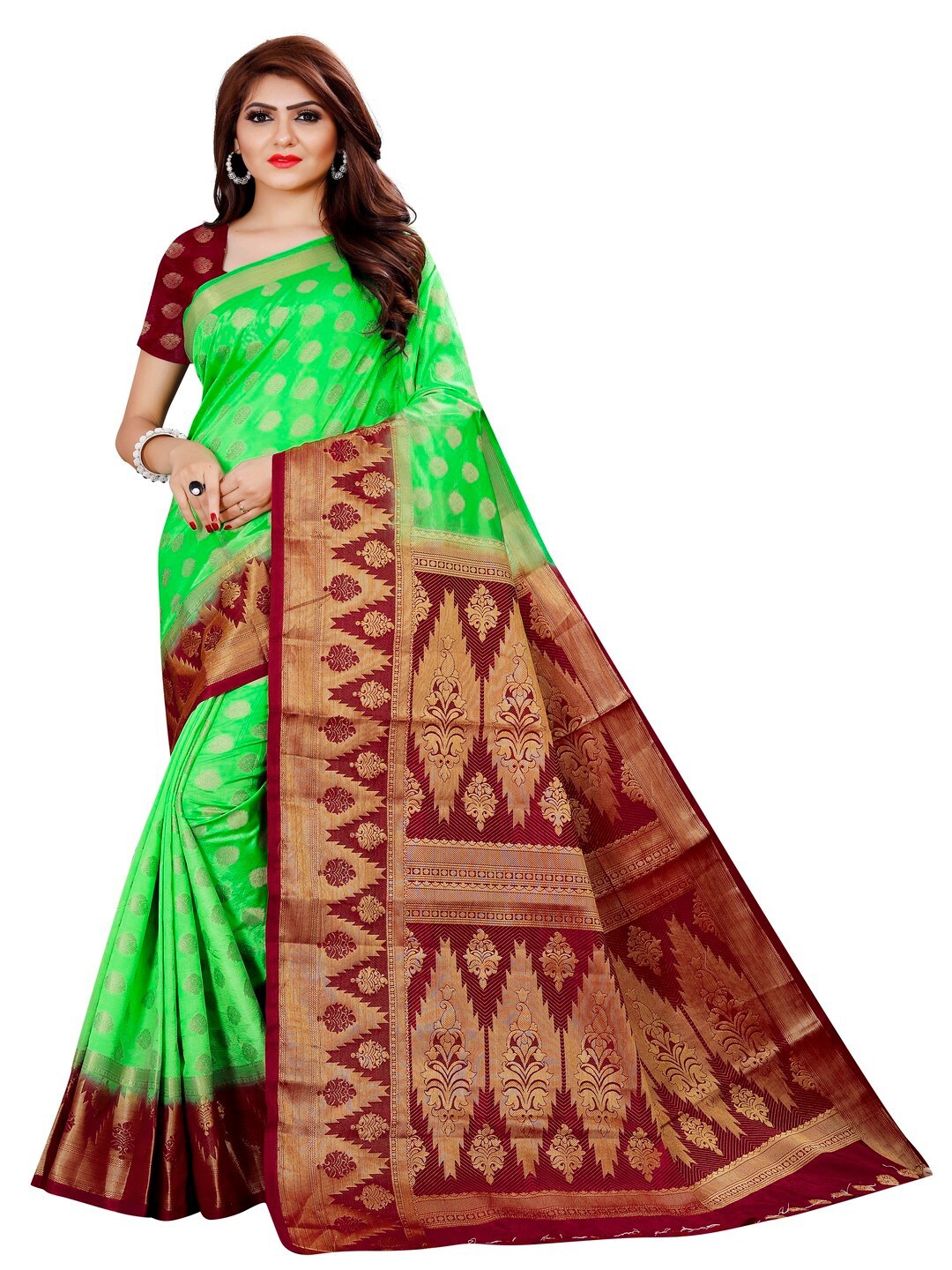 

MOKSHA DESIGNS Green & Brown Ethnic Motifs Zari Pure Silk Banarasi Saree