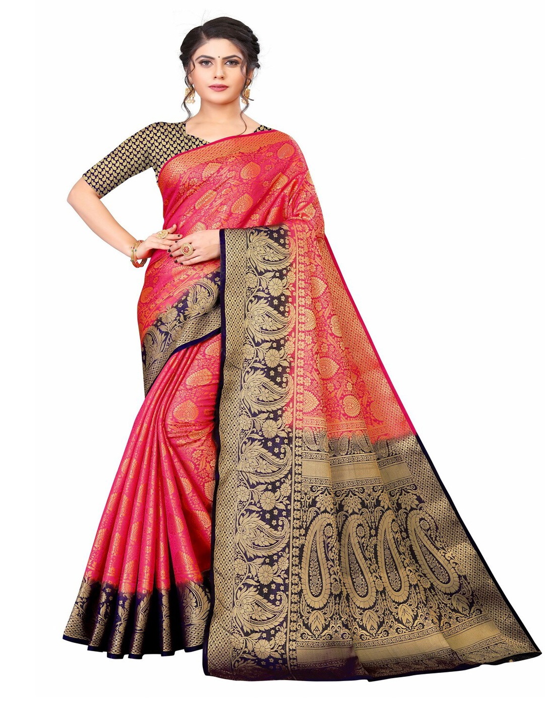 

MOKSHA DESIGNS Pink & Navy Blue Ethnic Motifs Zari Pure Silk Banarasi Saree