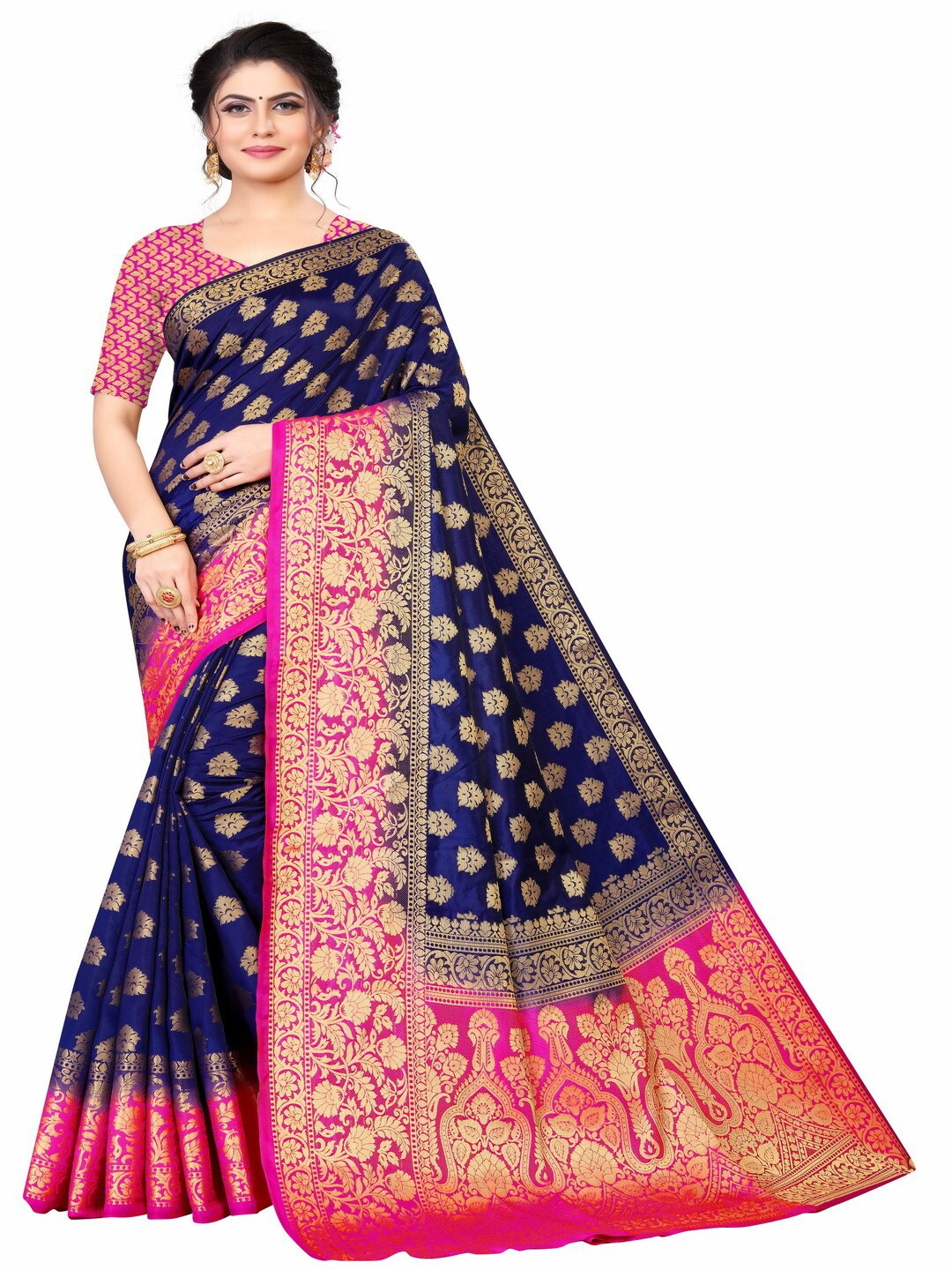 

MOKSHA DESIGNS Navy Blue & Pink Woven Design Pure Silk Banarasi Saree