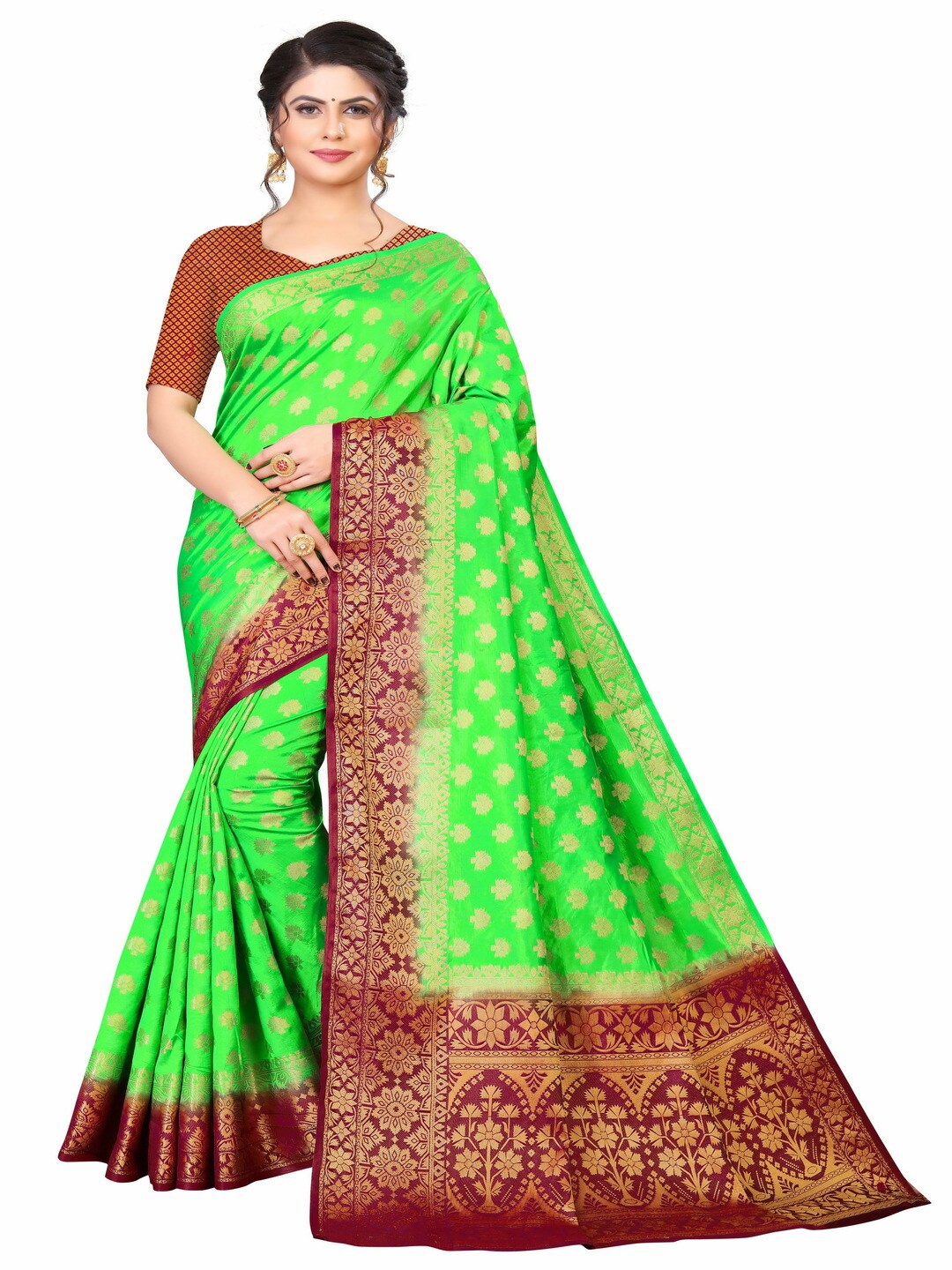 

MOKSHA DESIGNS Green & Brown Ethnic Motifs Zari Pure Silk Banarasi Saree