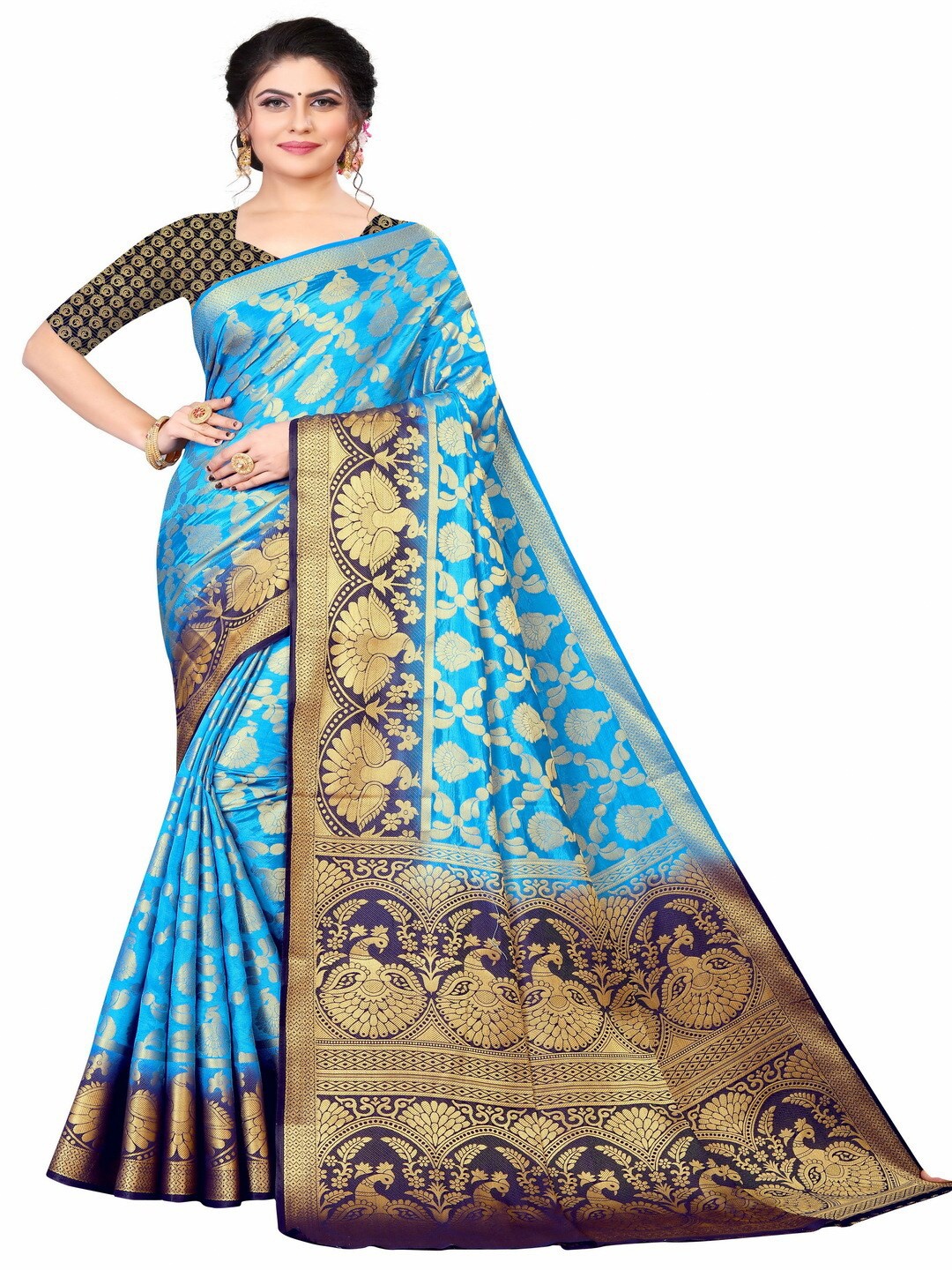 

MOKSHA DESIGNS Blue & Gold-Toned Ethnic Motifs Zari Pure Silk Banarasi Saree