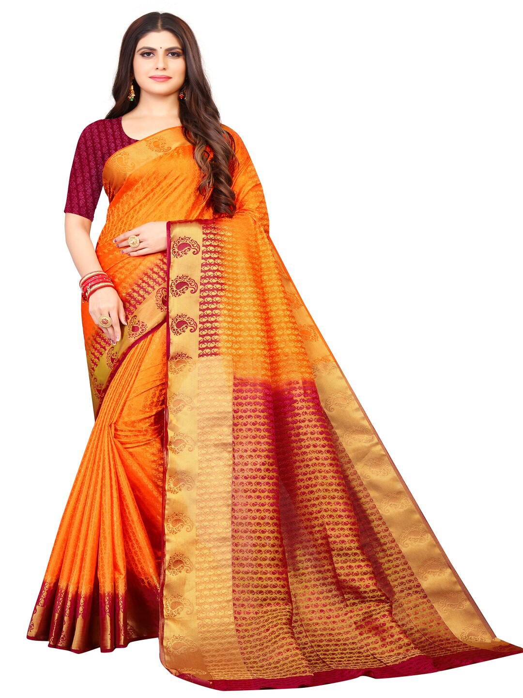 

MOKSHA DESIGNS Orange & Maroon Woven Design Zari Pure Silk Banarasi Saree