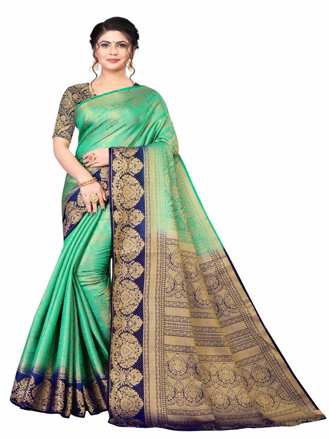 

MOKSHA DESIGNS Green & Navy Blue Ethnic Motifs Zari Pure Silk Banarasi Saree