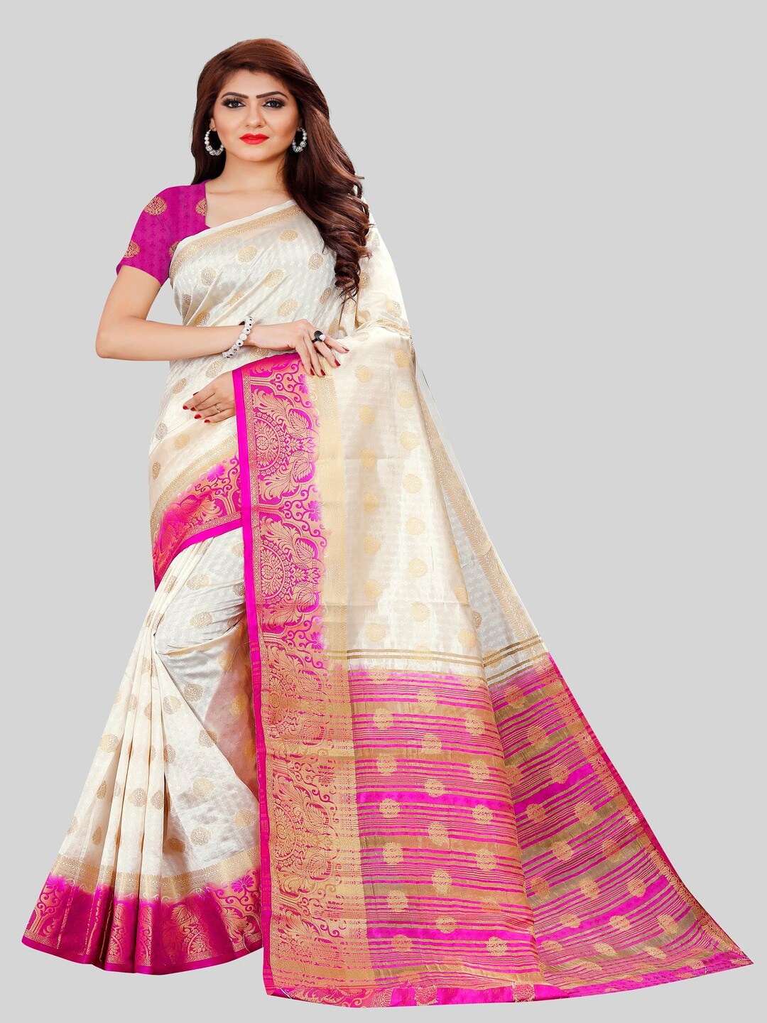 

MOKSHA DESIGNS White & Pink Ethnic Motifs Zari Pure Silk Banarasi Saree