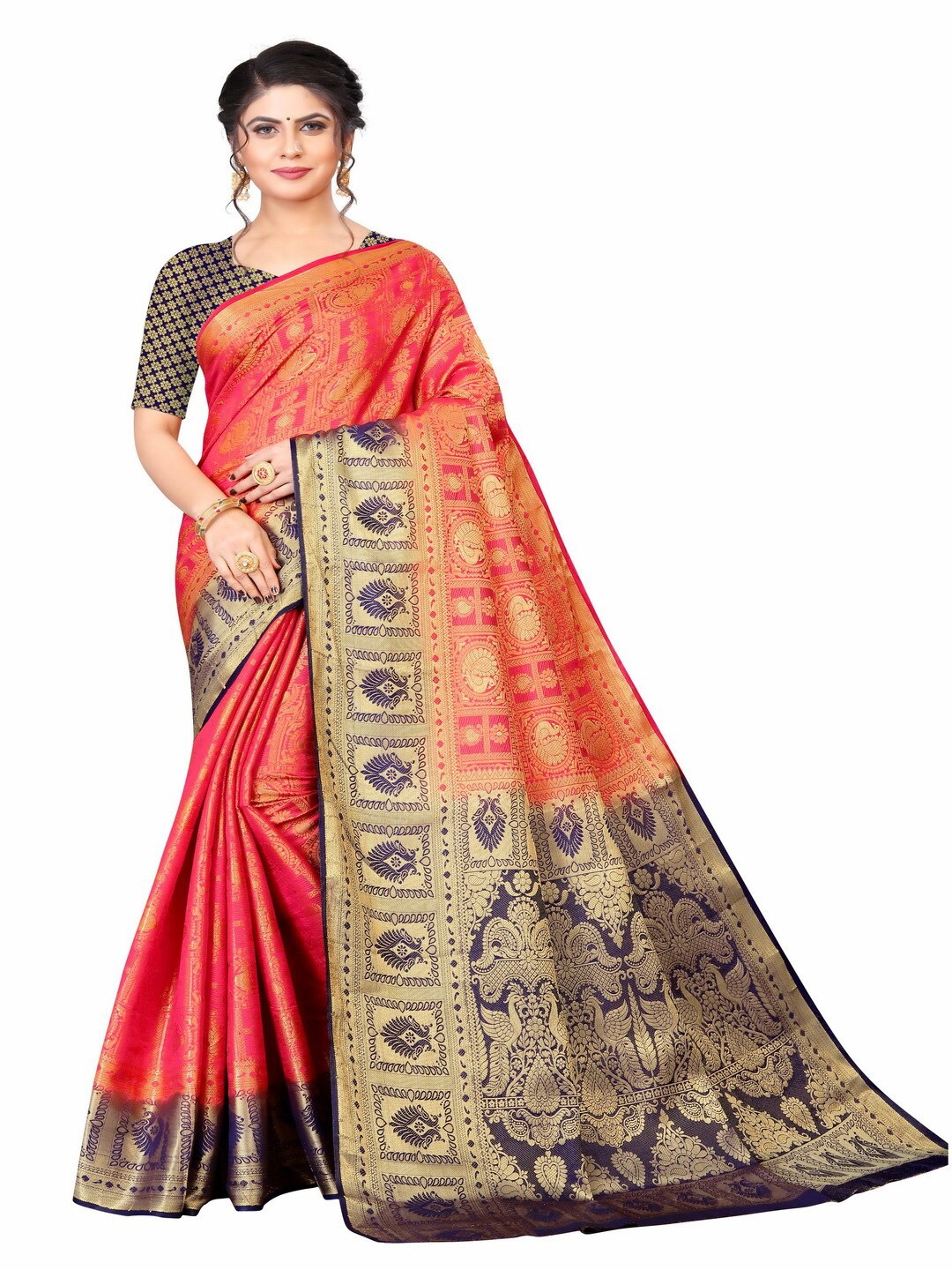 

MOKSHA DESIGNS Red & Navy Blue Woven Design Zari Pure Silk Banarasi Saree