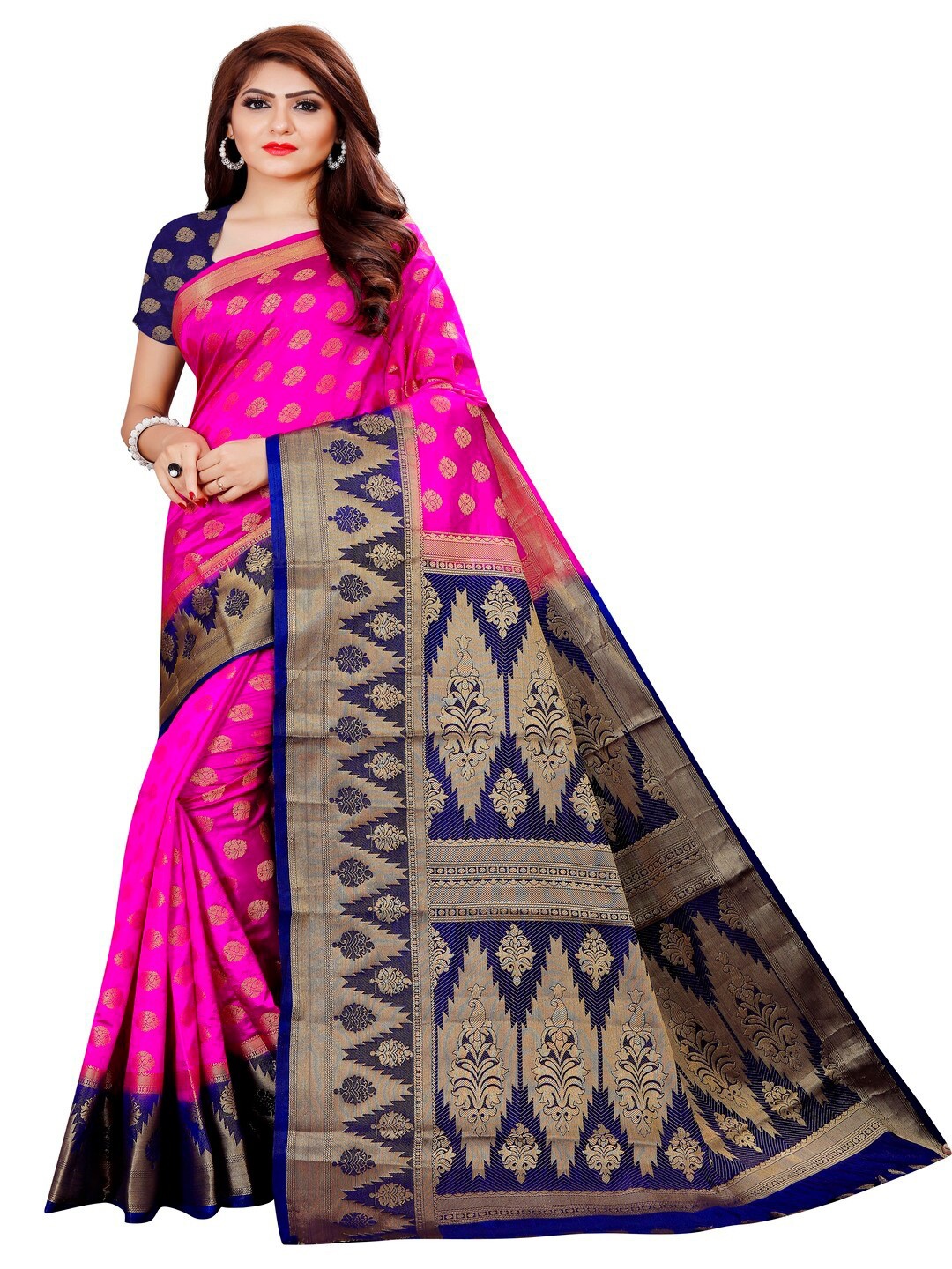 

MOKSHA DESIGNS Pink & Navy Blue Woven Design Zari Pure Silk Banarasi Saree