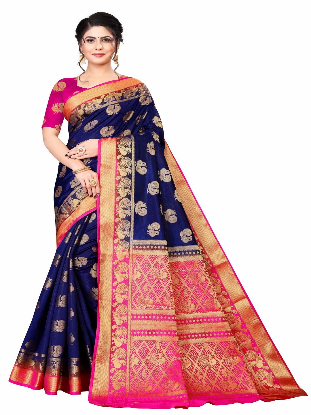 

MOKSHA DESIGNS Navy Blue & Pink Woven Design Zari Pure Silk Banarasi Saree