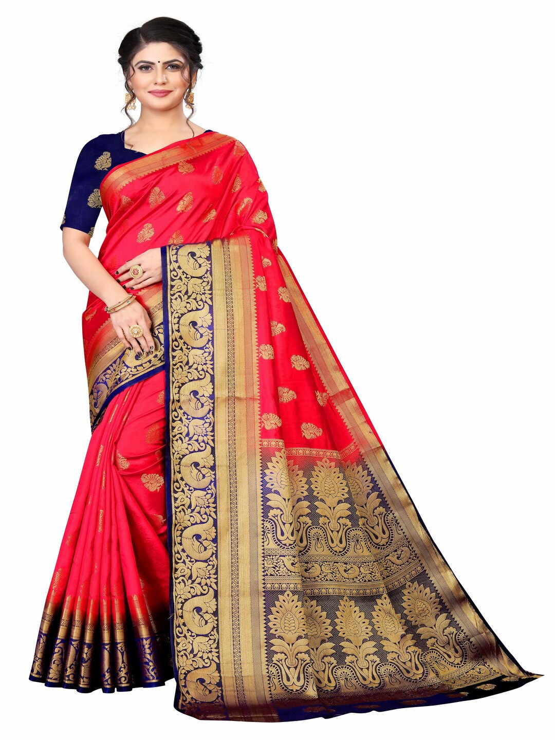

MOKSHA DESIGNS Red & Navy Blue Woven Design Zari Pure Silk Banarasi Saree