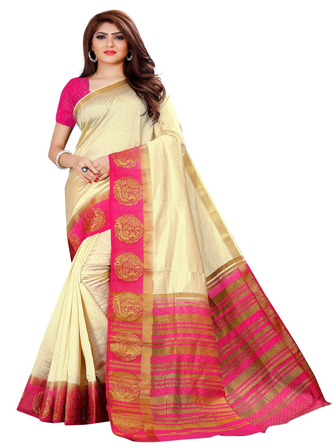 

MOKSHA DESIGNS Off White & Pink Ethnic Motifs Zari Pure Silk Banarasi Saree