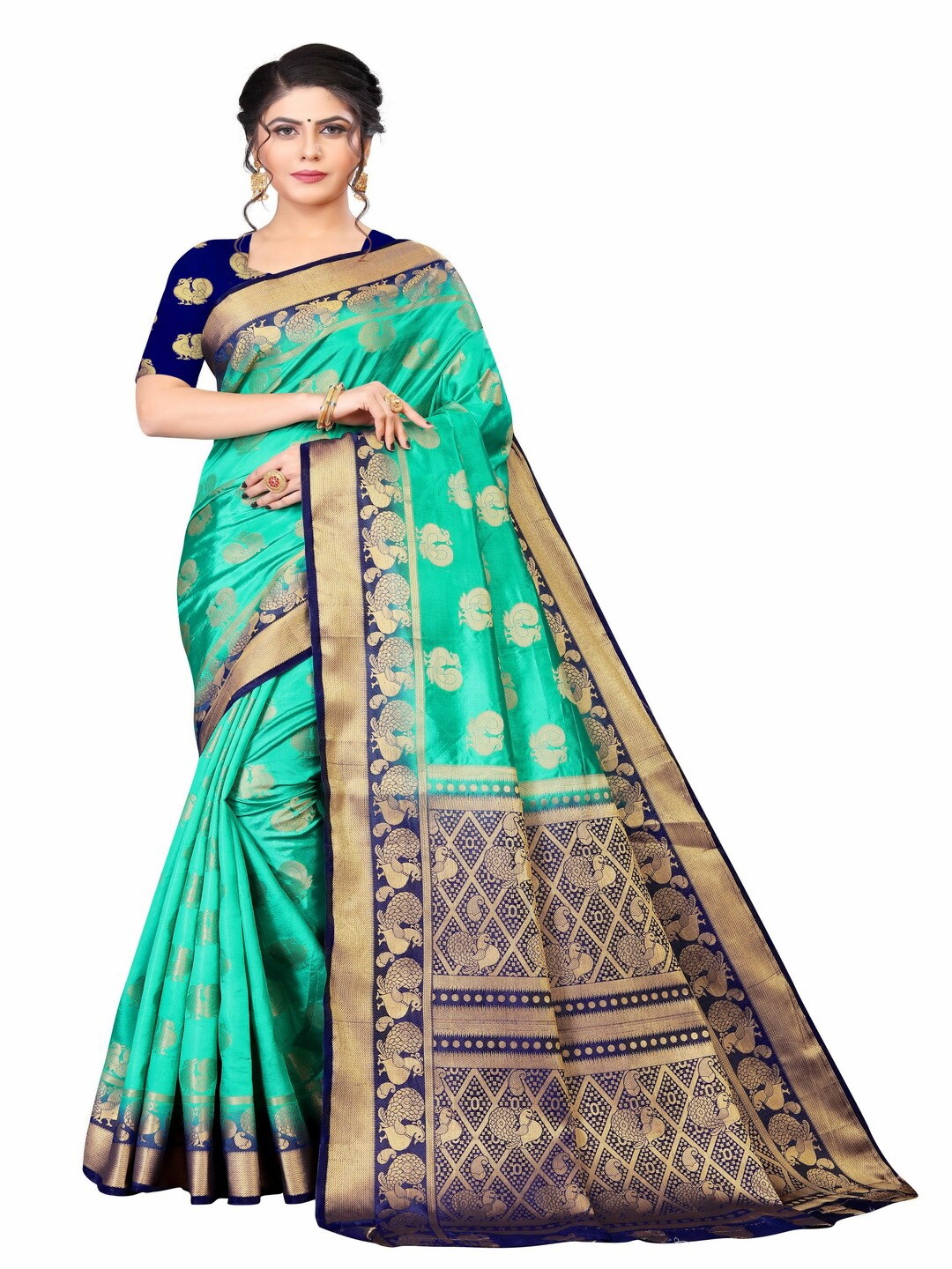 

MOKSHA DESIGNS Green & Navy Blue Woven Design Zari Pure Silk Banarasi Saree