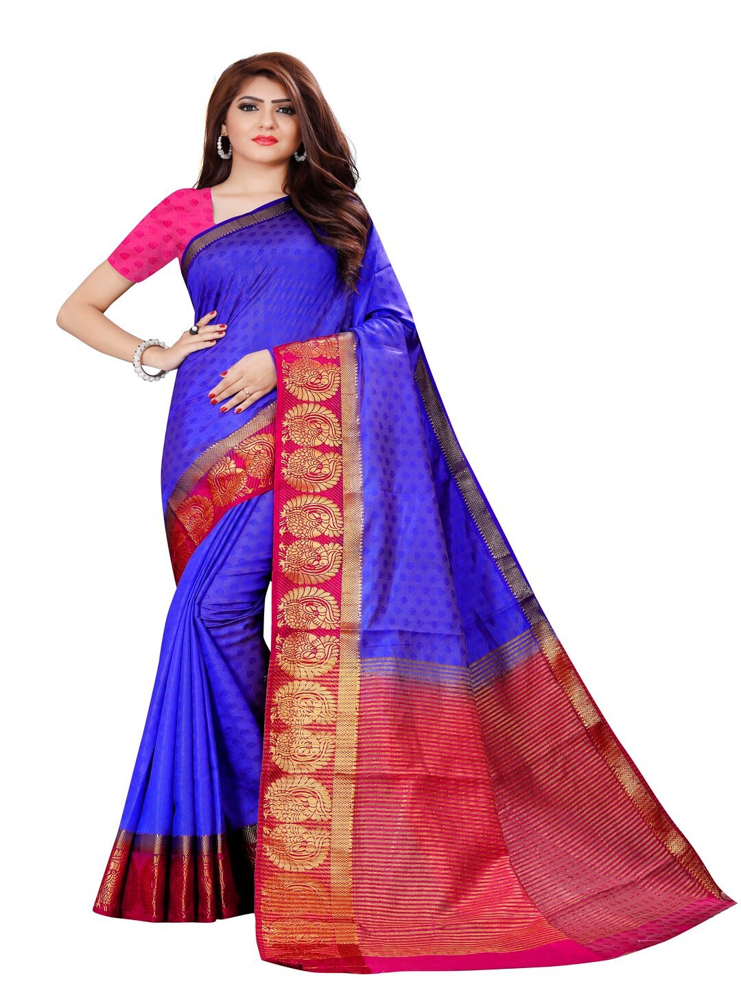 

MOKSHA DESIGNS Blue & Pink Woven Design Zari Pure Silk Banarasi Saree