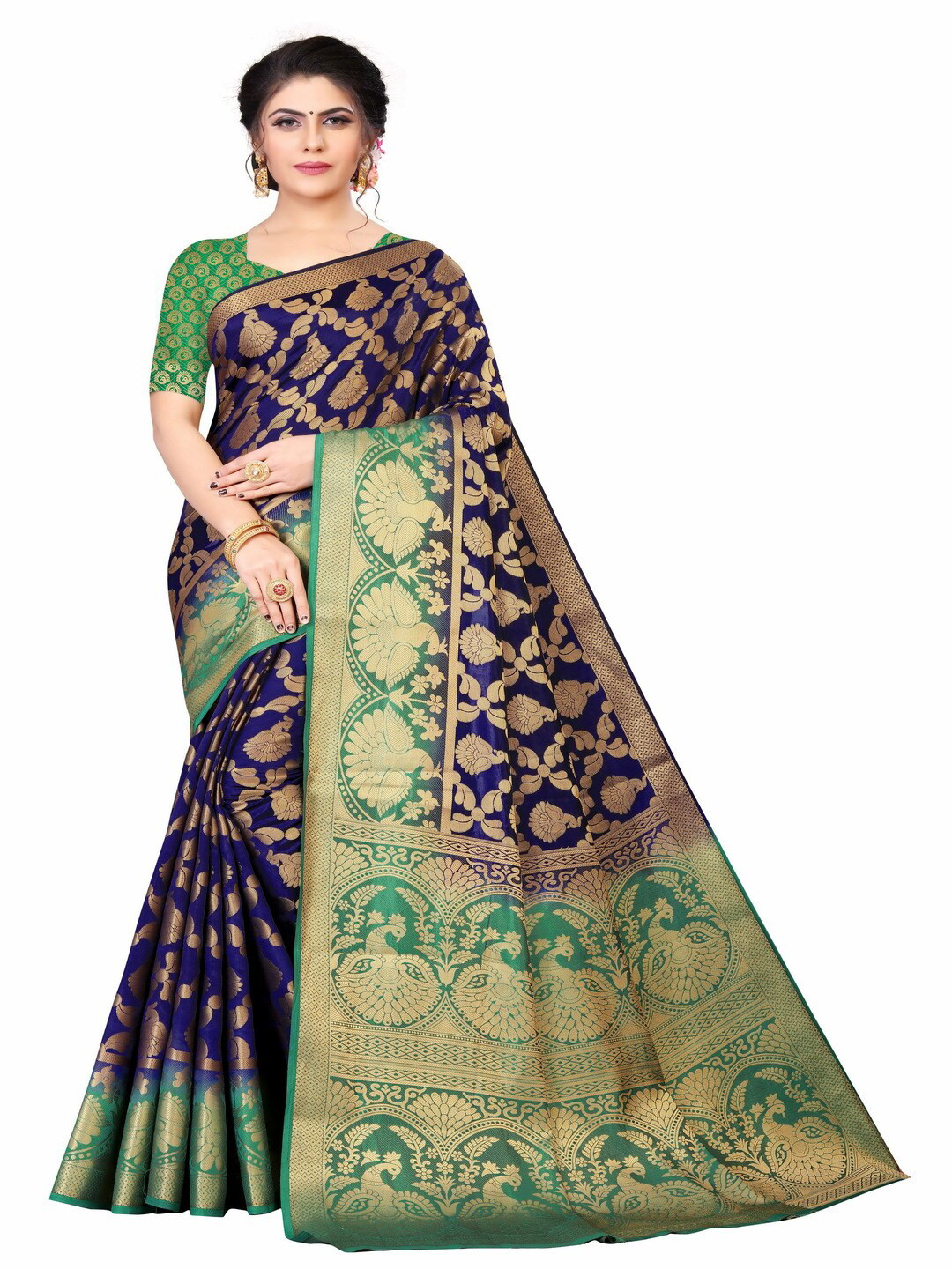 

MOKSHA DESIGNS Navy Blue & Green Woven Design Zari Pure Silk Banarasi Saree